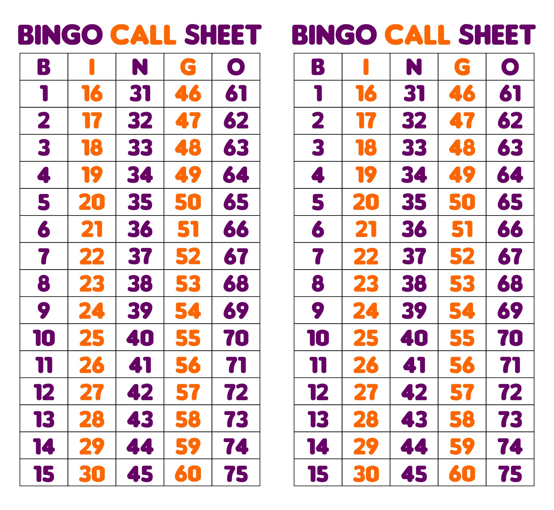 Free Printable Call Cards For Bingo