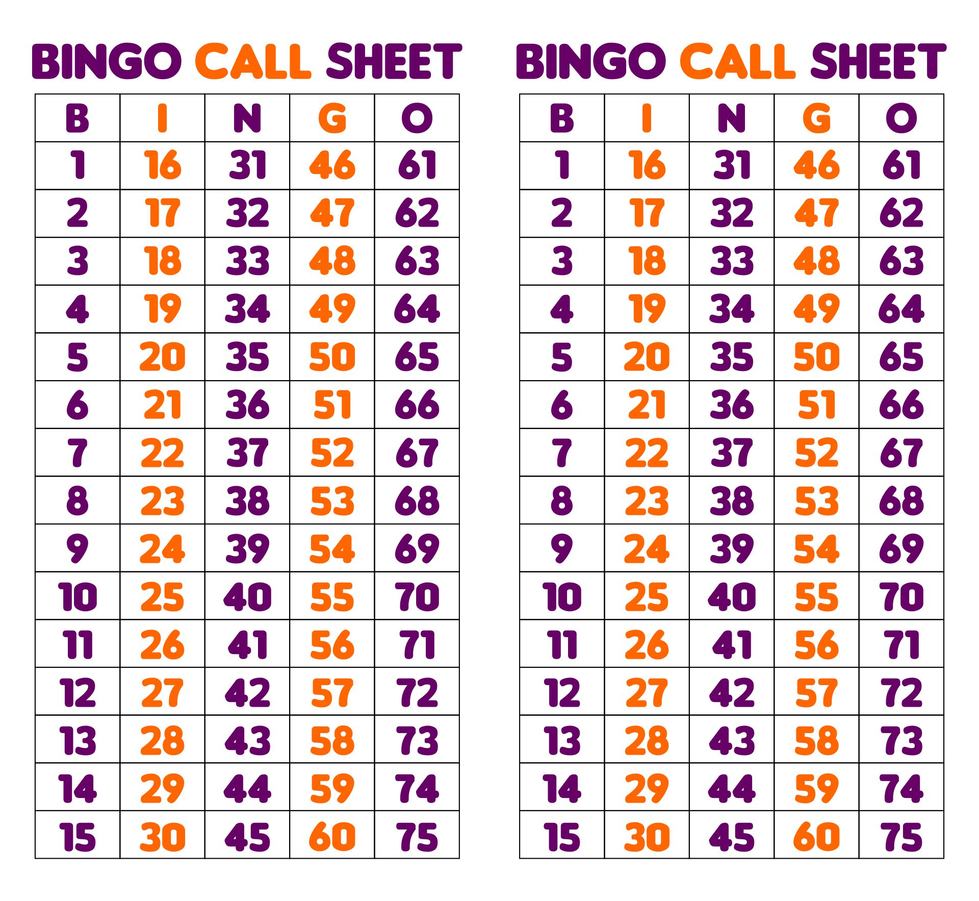 Printable Bingo Call Sheet