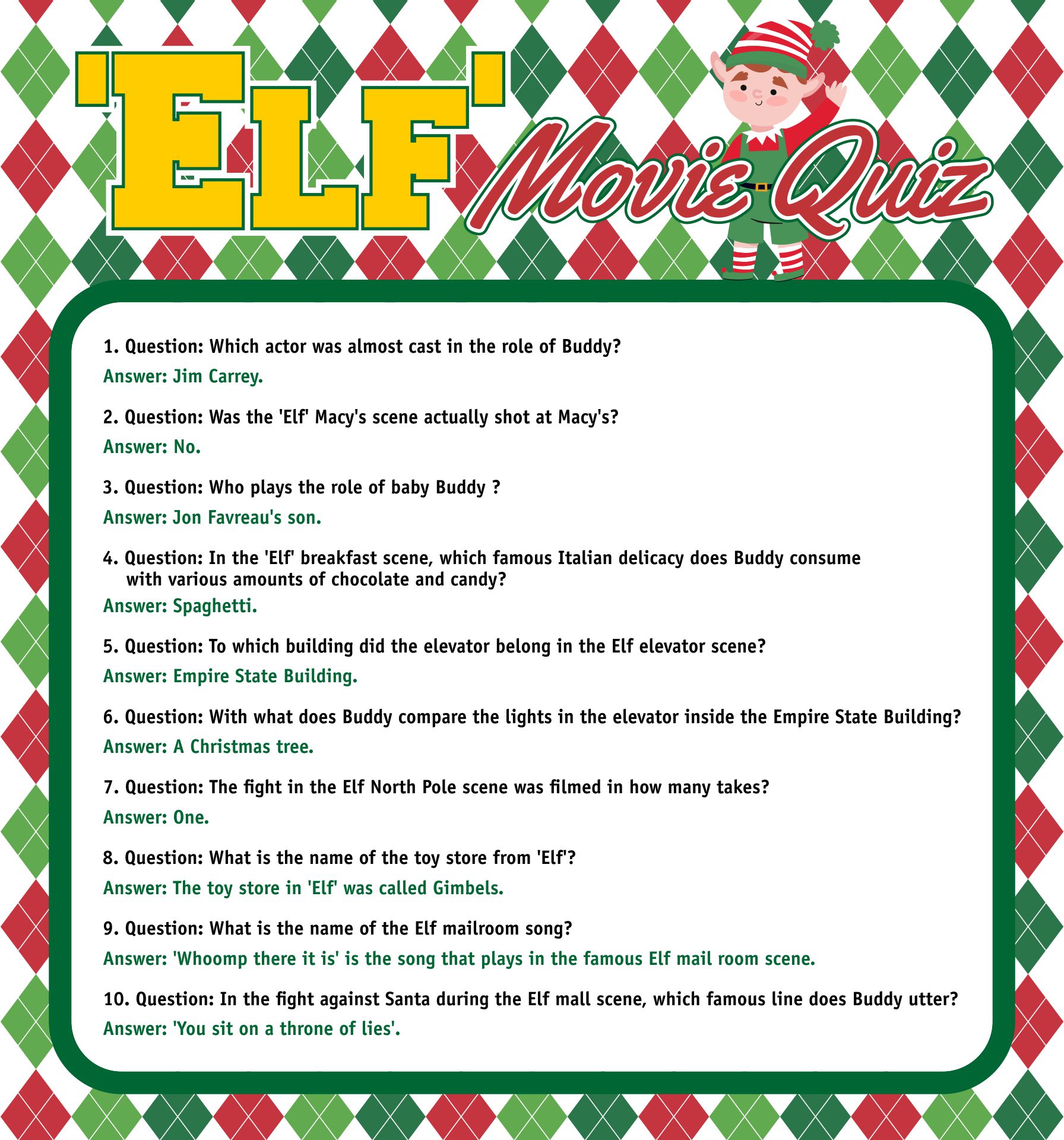 10 Best Elf Movie Trivia Printable