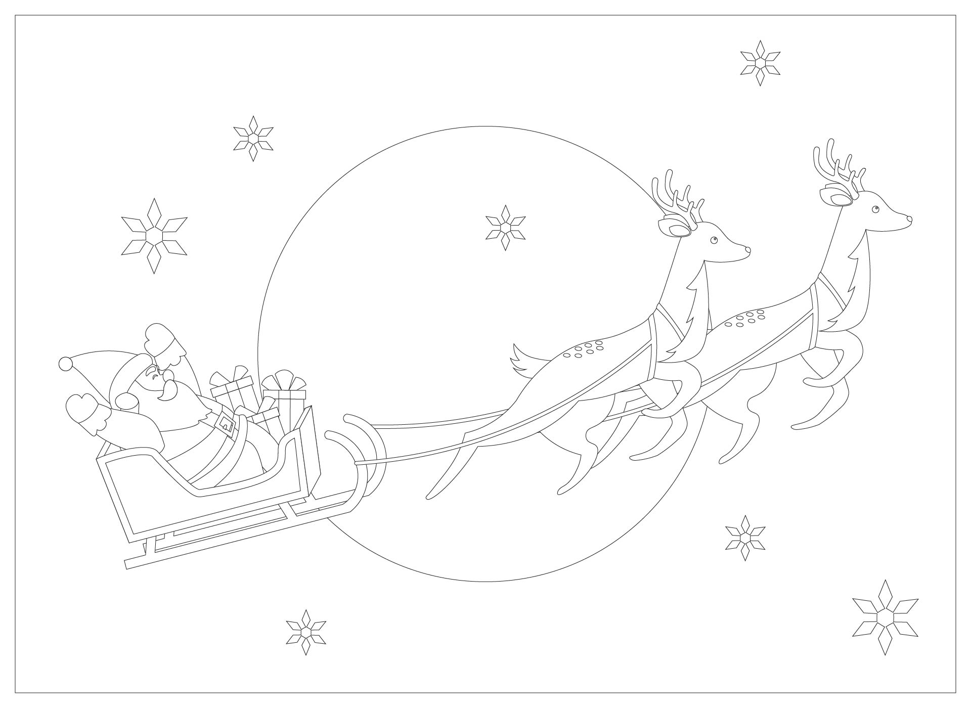 Santa On Sleigh And Reindeers Coloring Holiday Activity