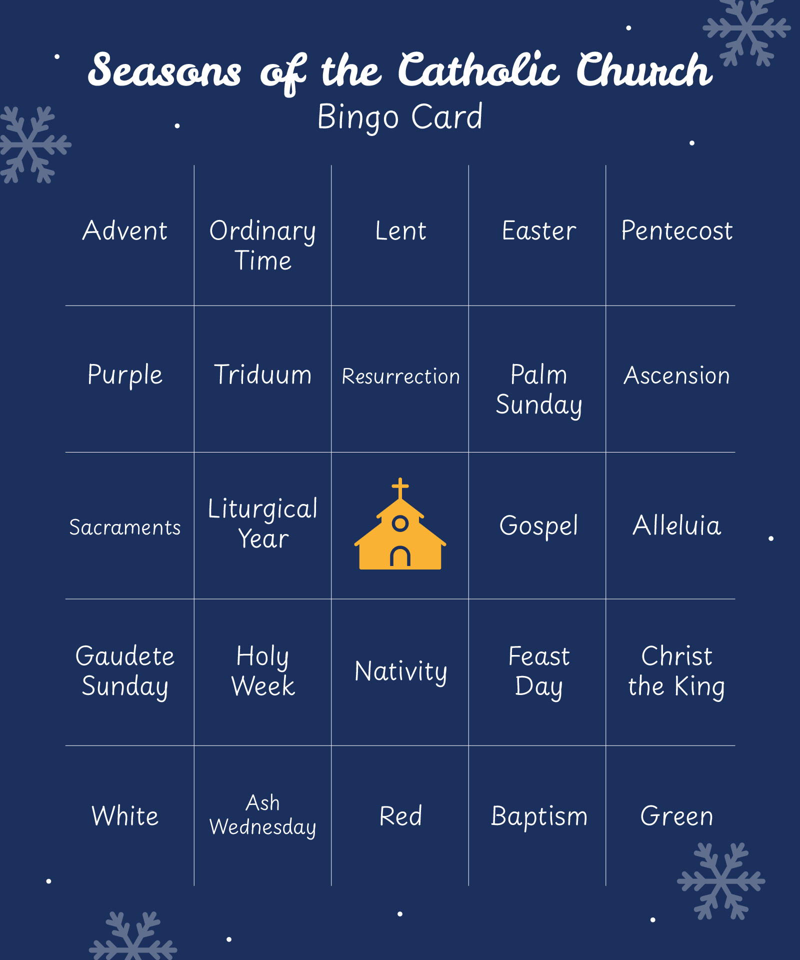Seasons Of The Catholic Church Bingo Card Seasons Of The Catholic Church Bingo Card