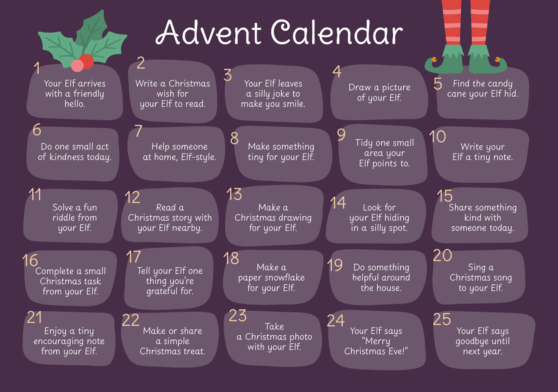 Elf Advent Calendar Printable Elf Advent Calendar Printable
