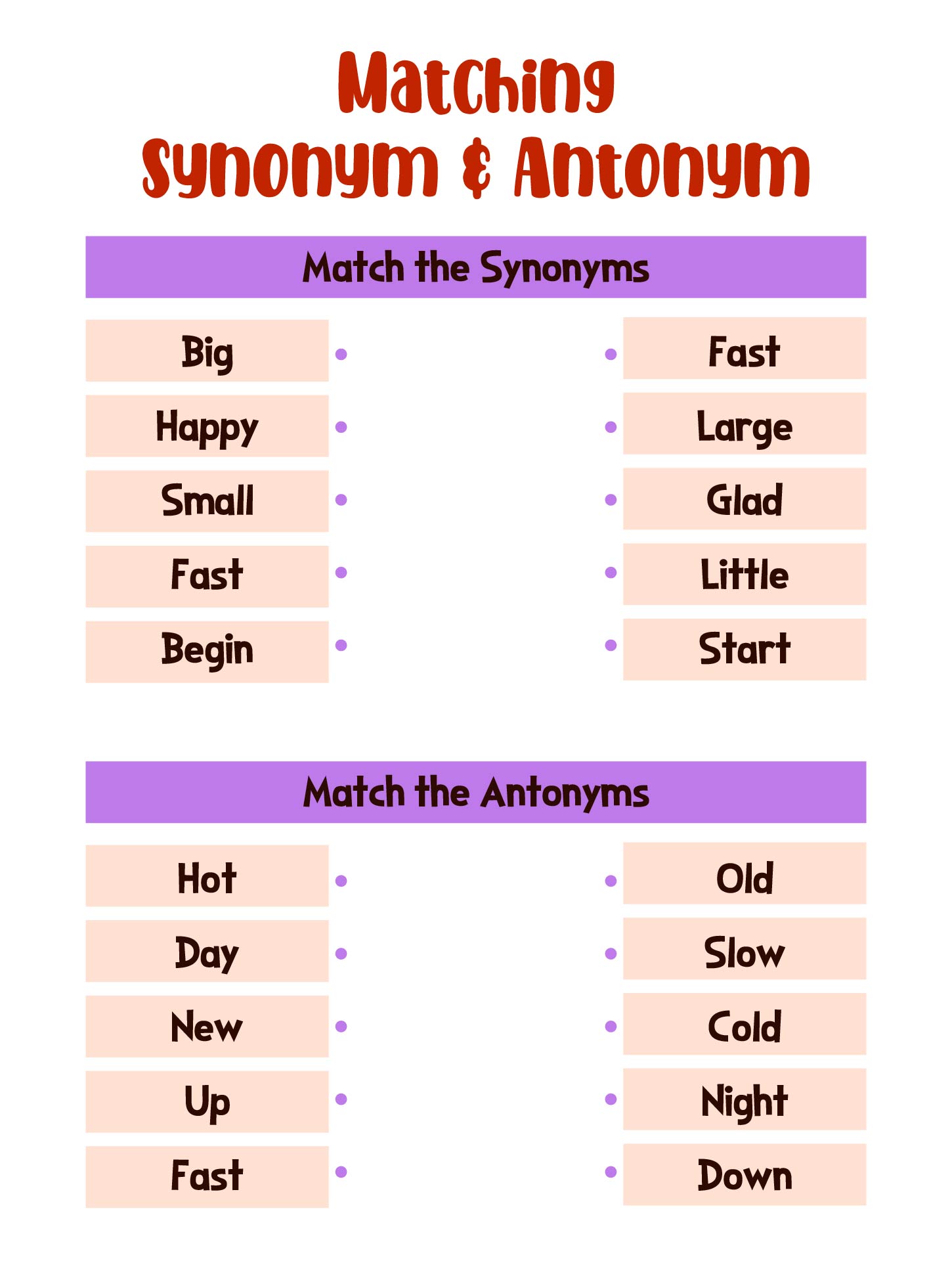 Matching Synonym And Antonym Worksheet For Seniors
