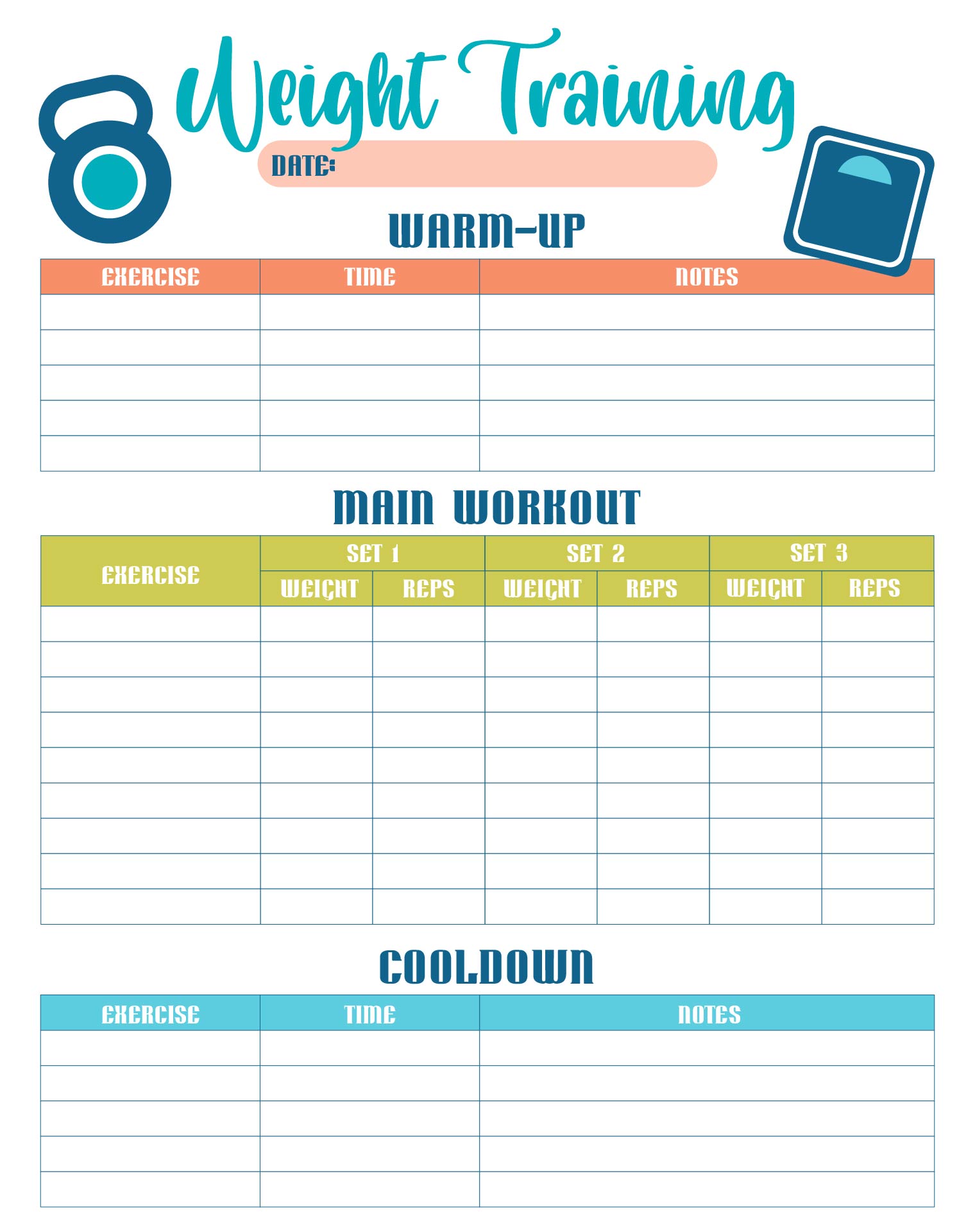 Weight Training Daily Log With Warm-up And Cooldown