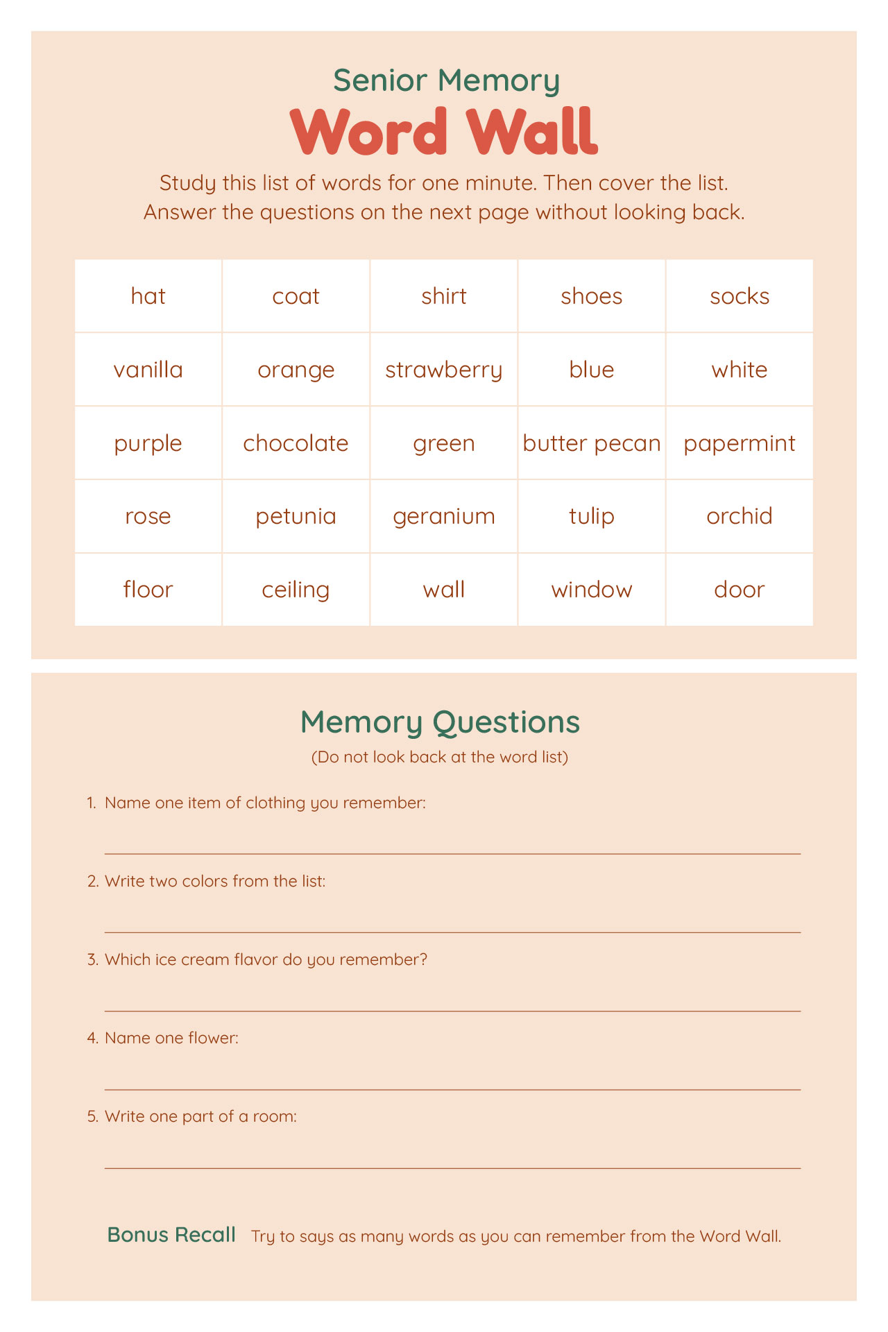 Senior Memory Worksheets Printable