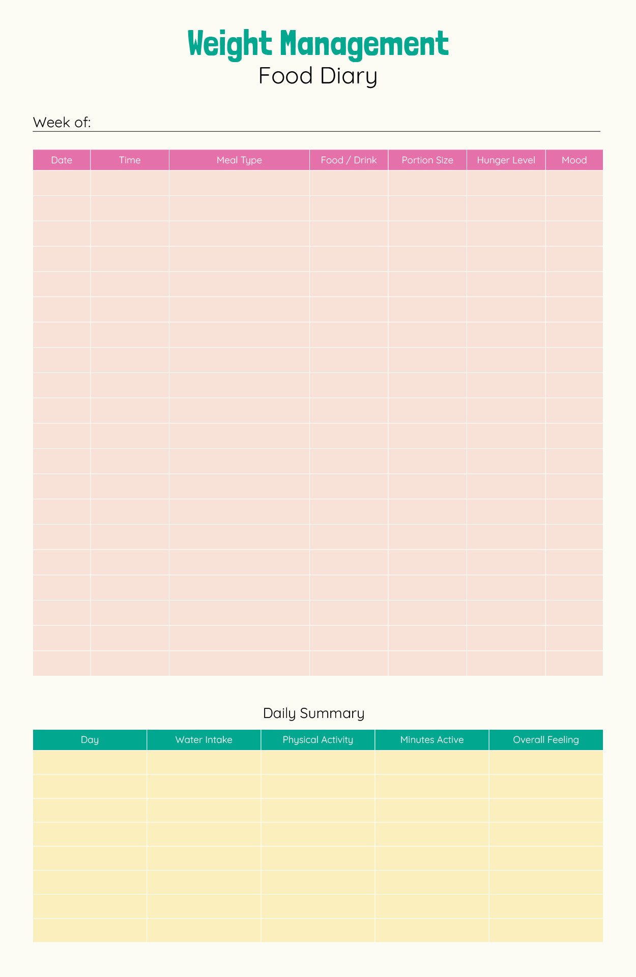 Weight Management Food Diary