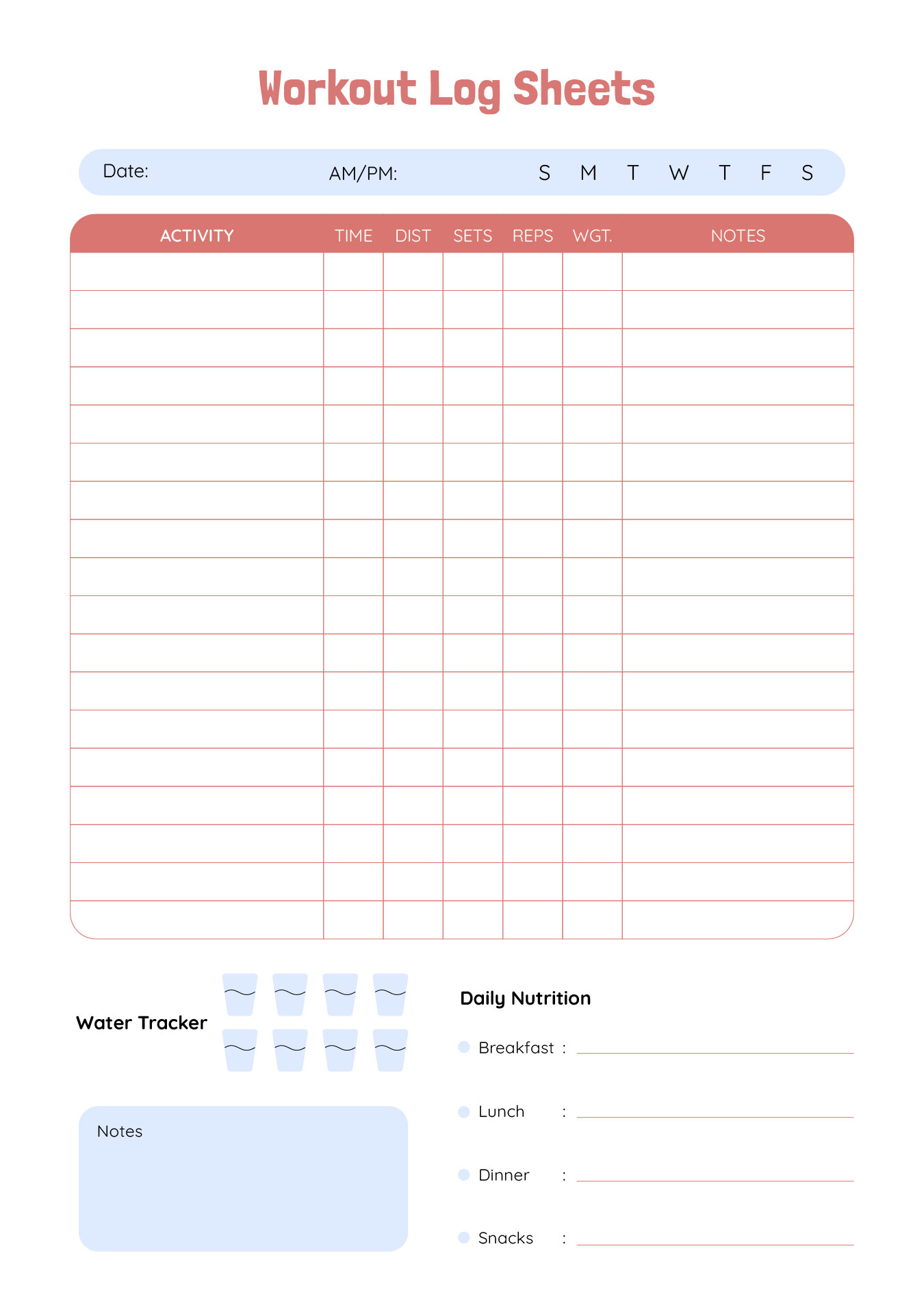 Workout Log Sheets Template