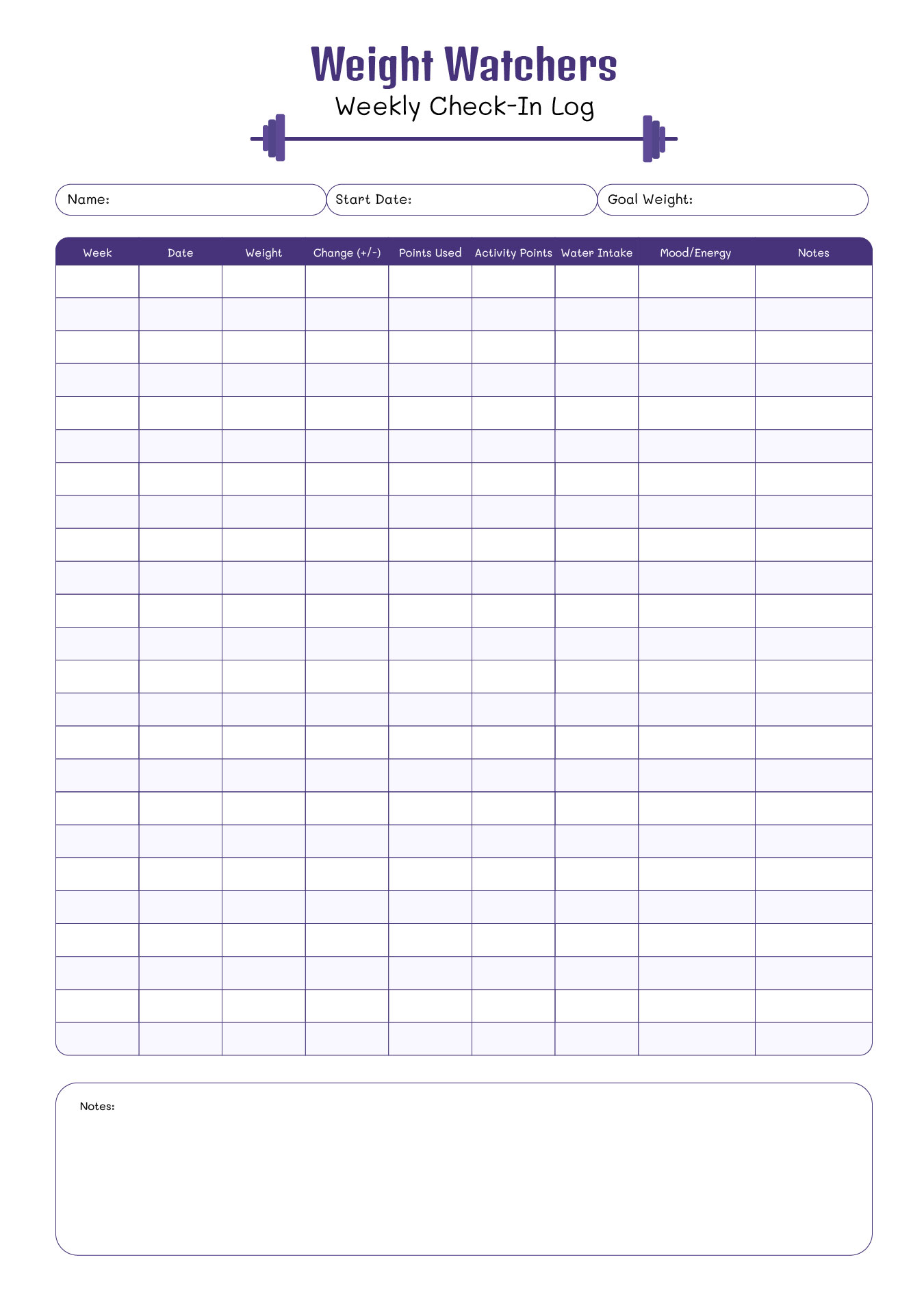 Weight Watchers Check-in Log Sheet