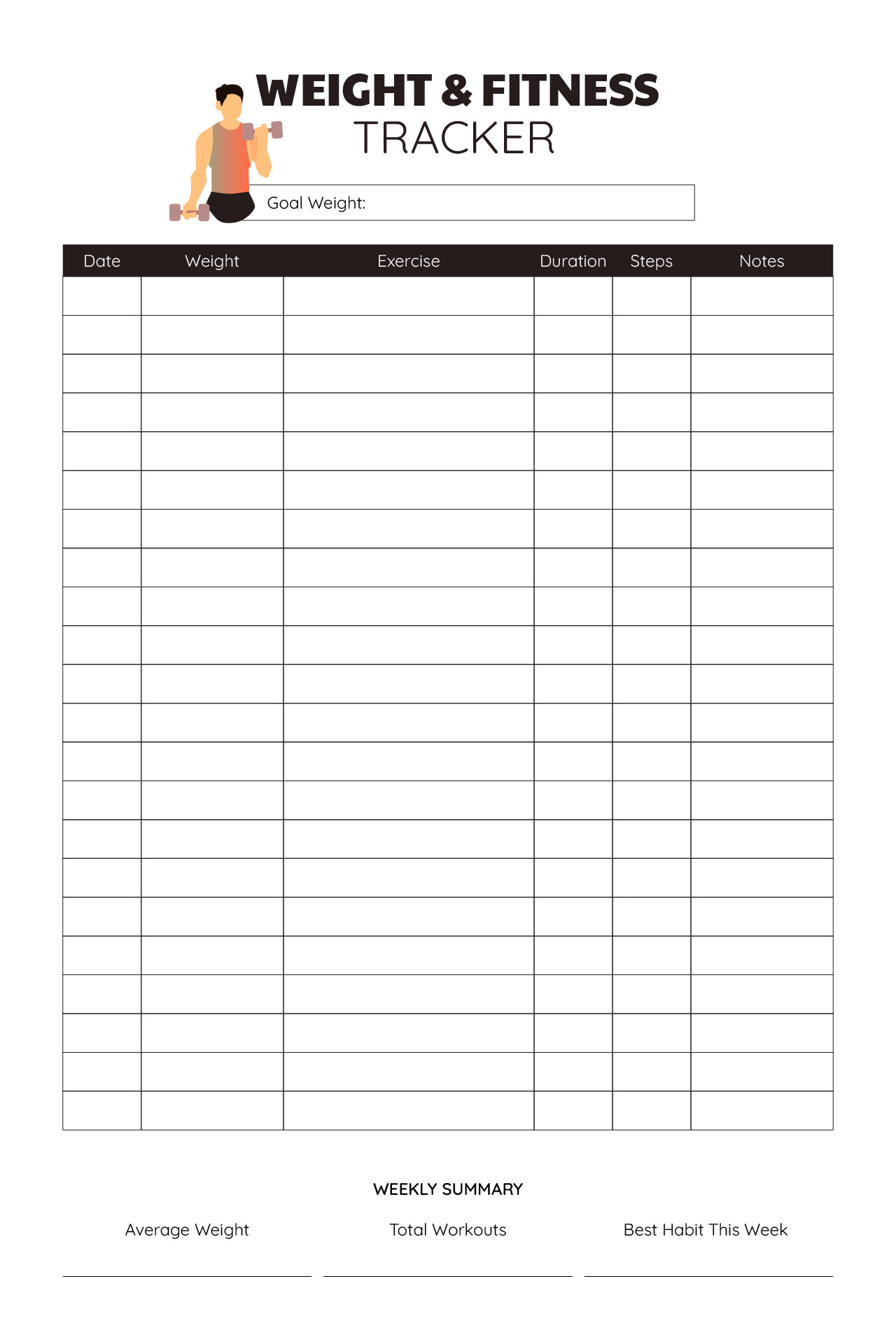 Printable Weight Fitness Tracker For Weight Loss