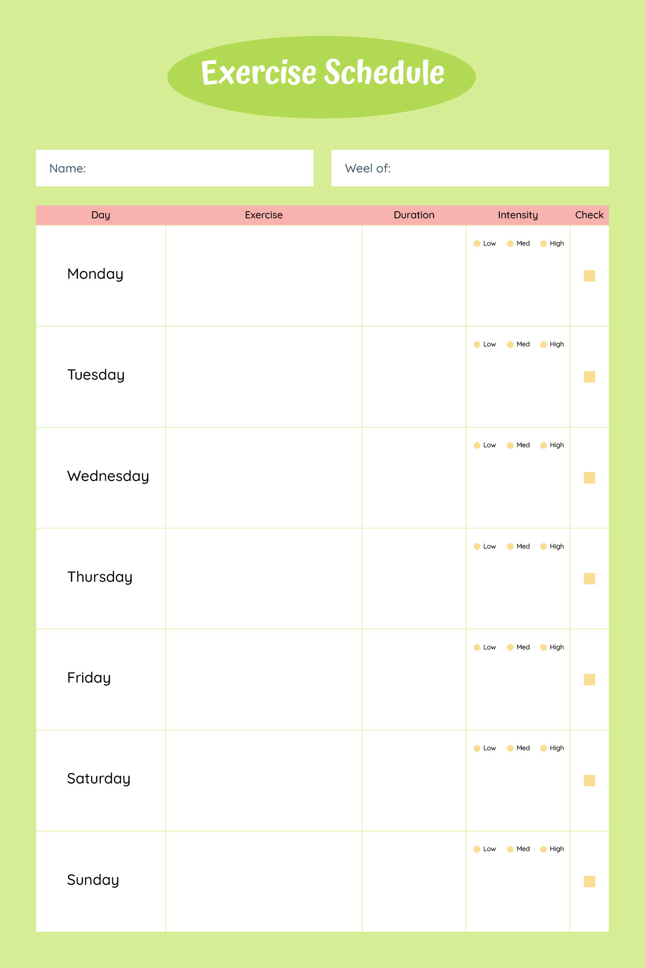 Printable Exercise Schedule Template