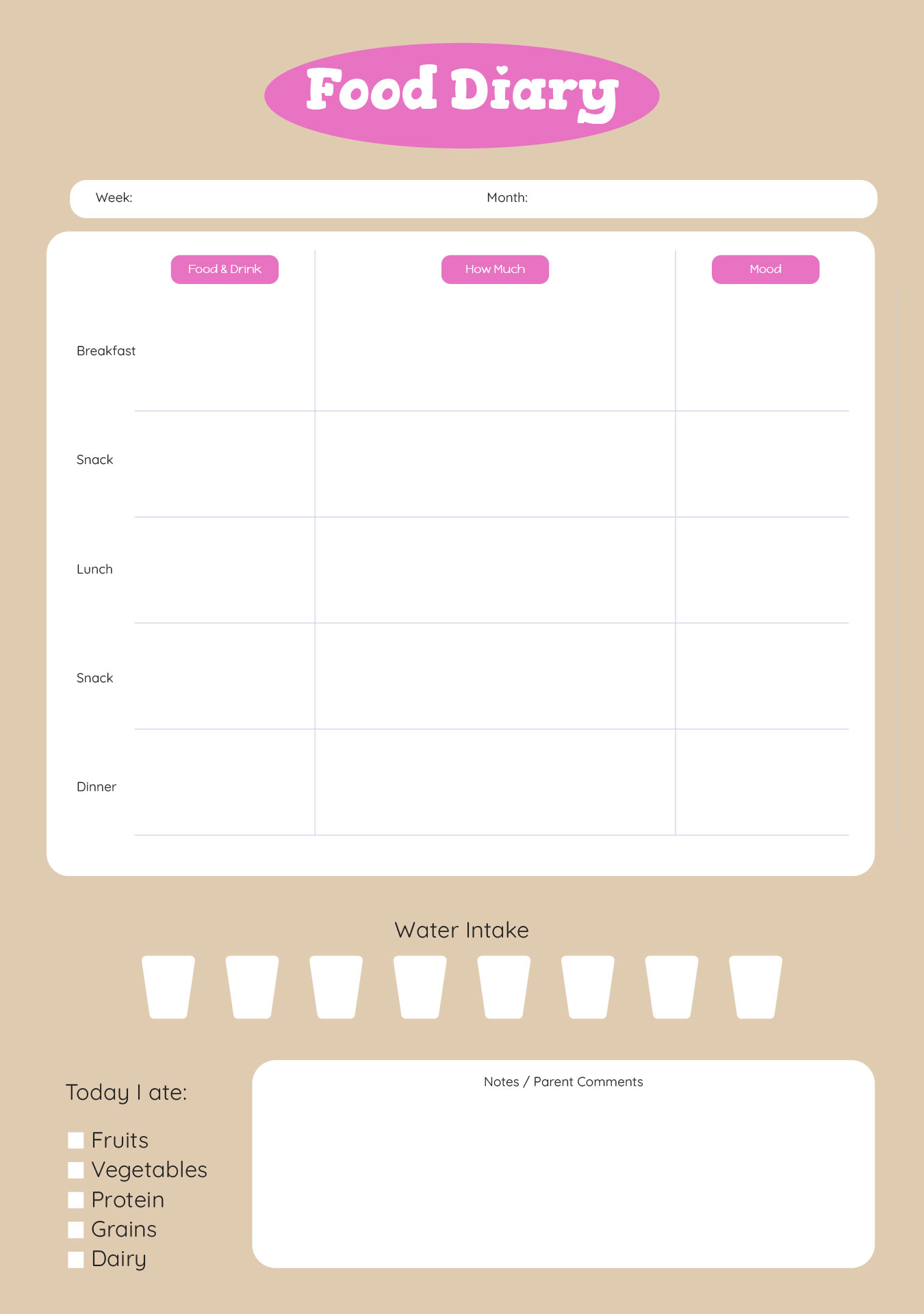 Food Diary For Kids Template