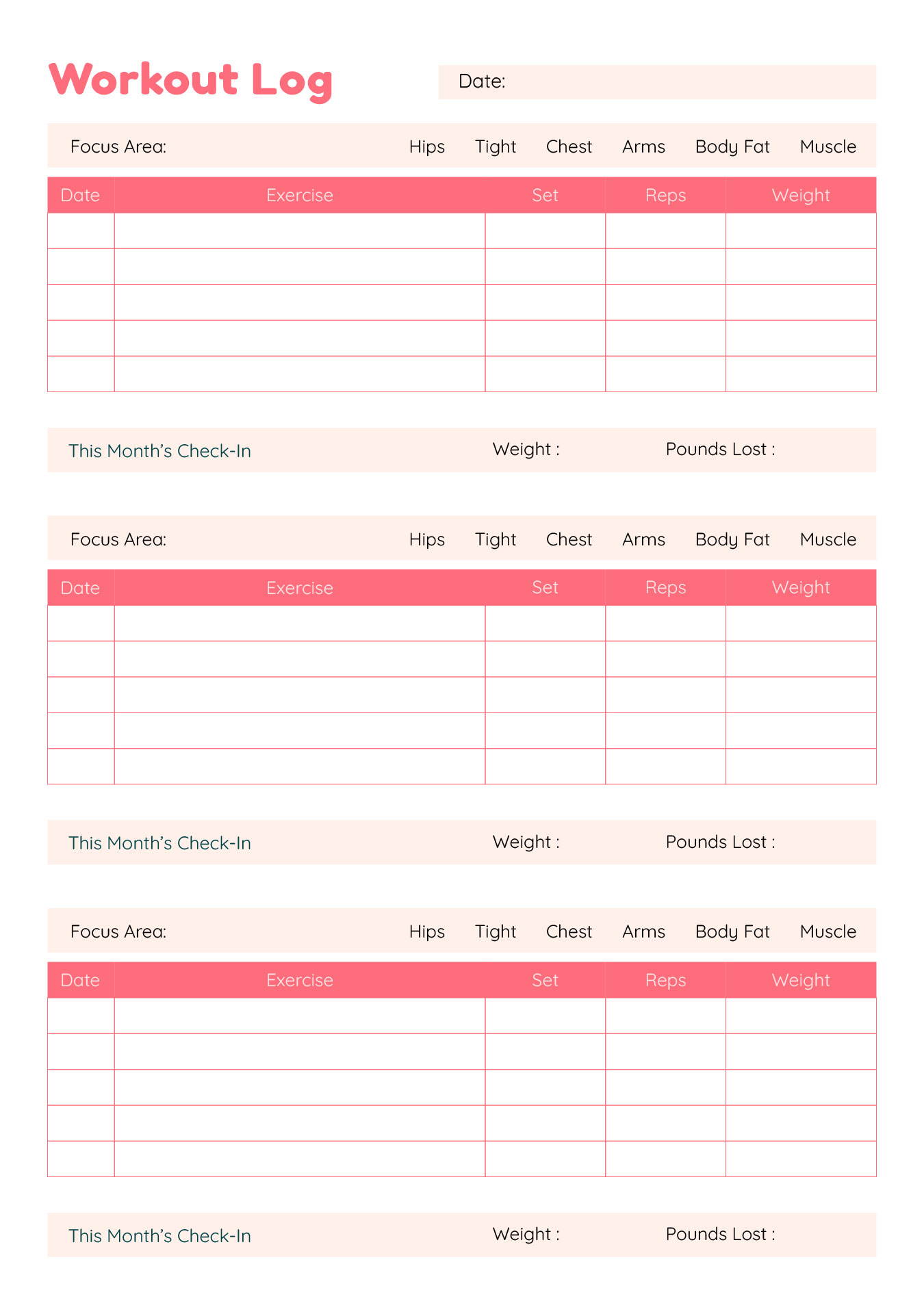 Blank Workout Log Template Blank Workout Log Template