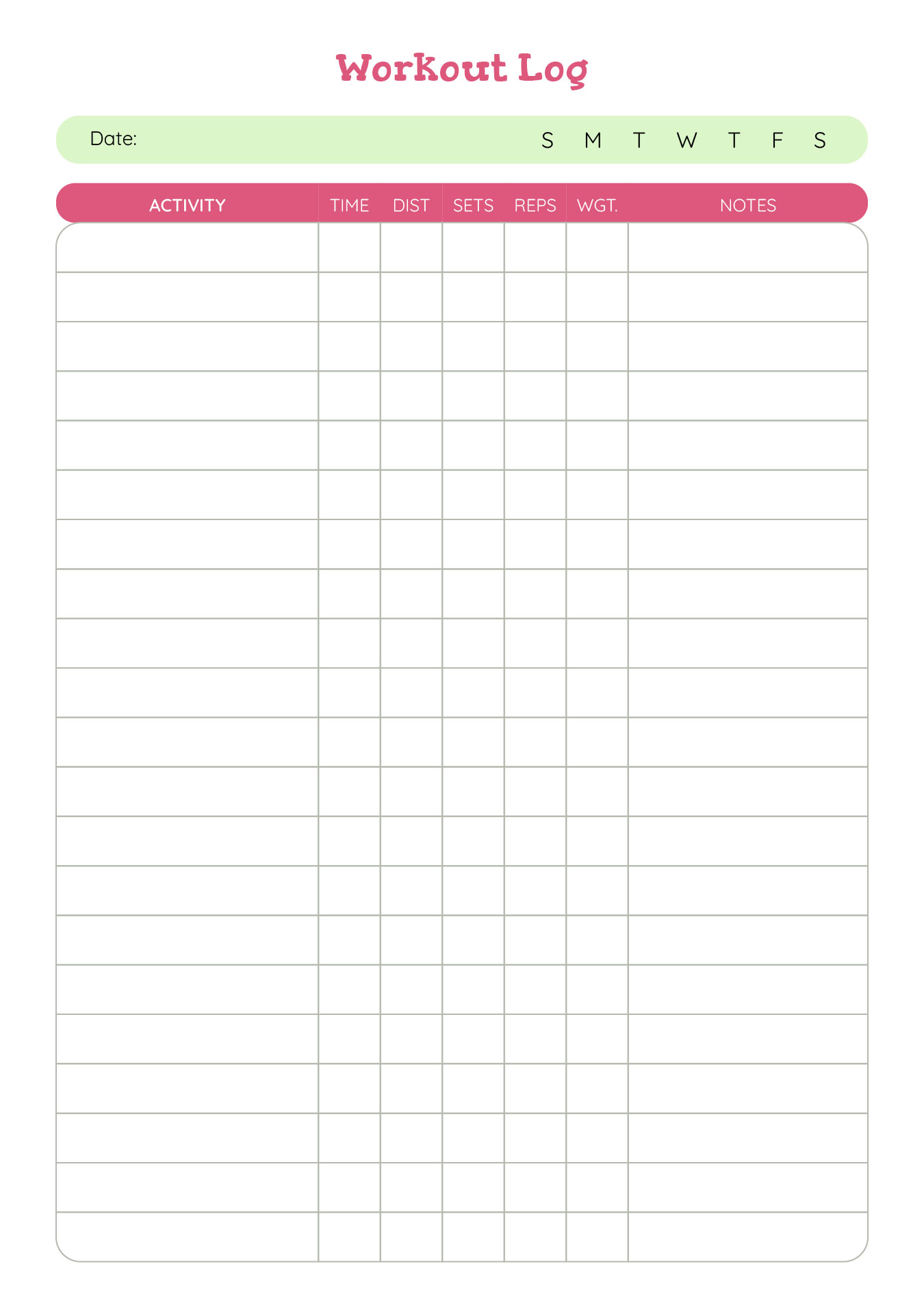 Printable Workout Recorder Fitness Tracker
