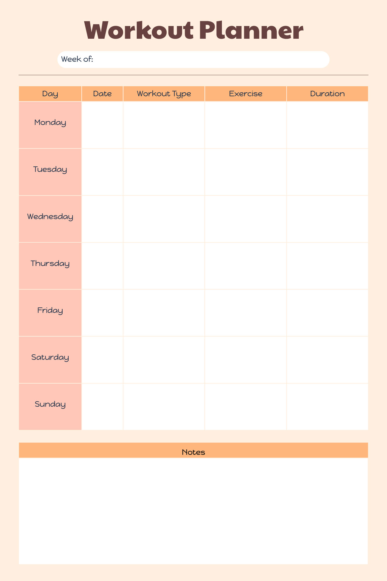 Fitness Calendar Plan For A Week Template