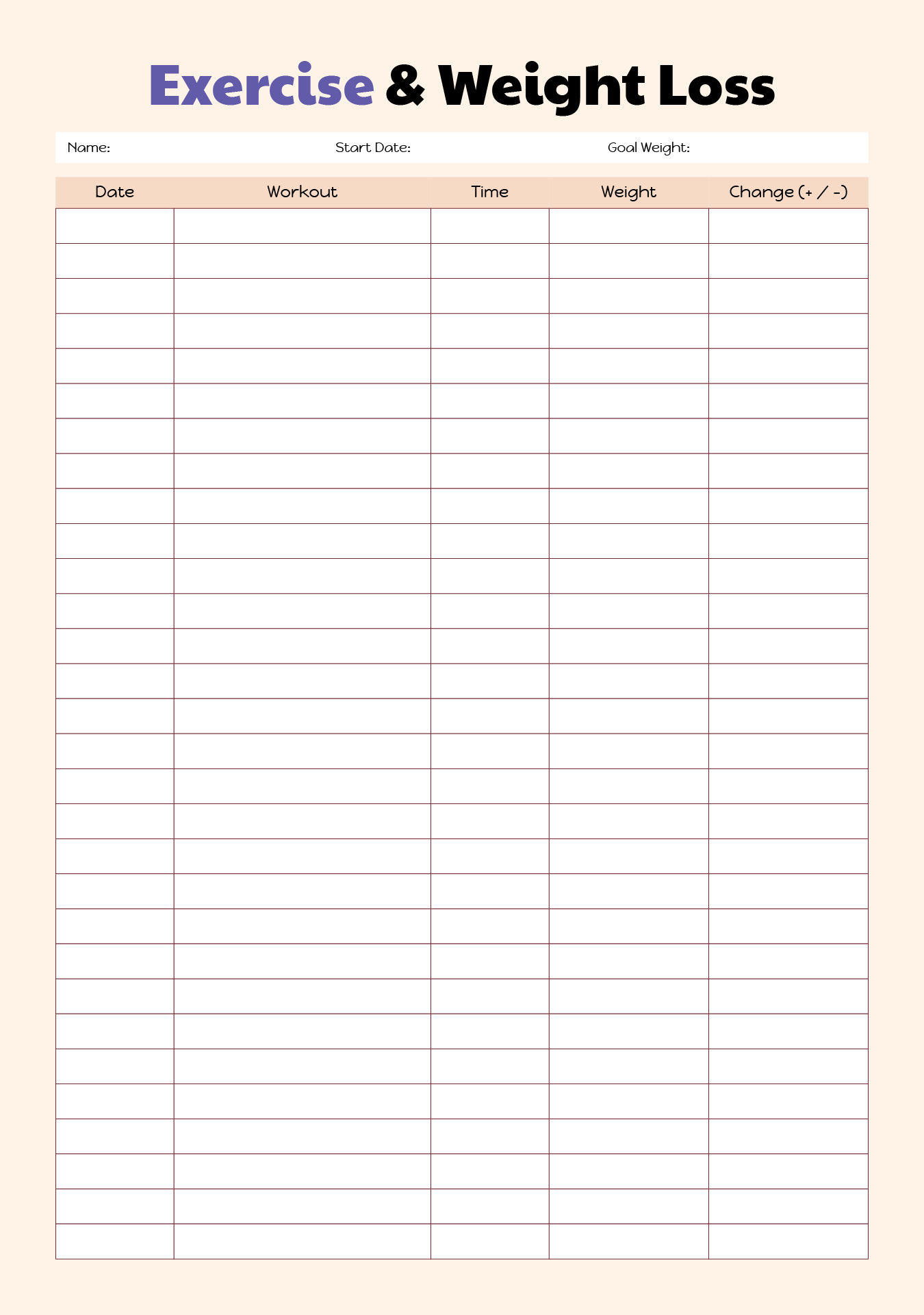 Exercise Chart Template For Weight Loss