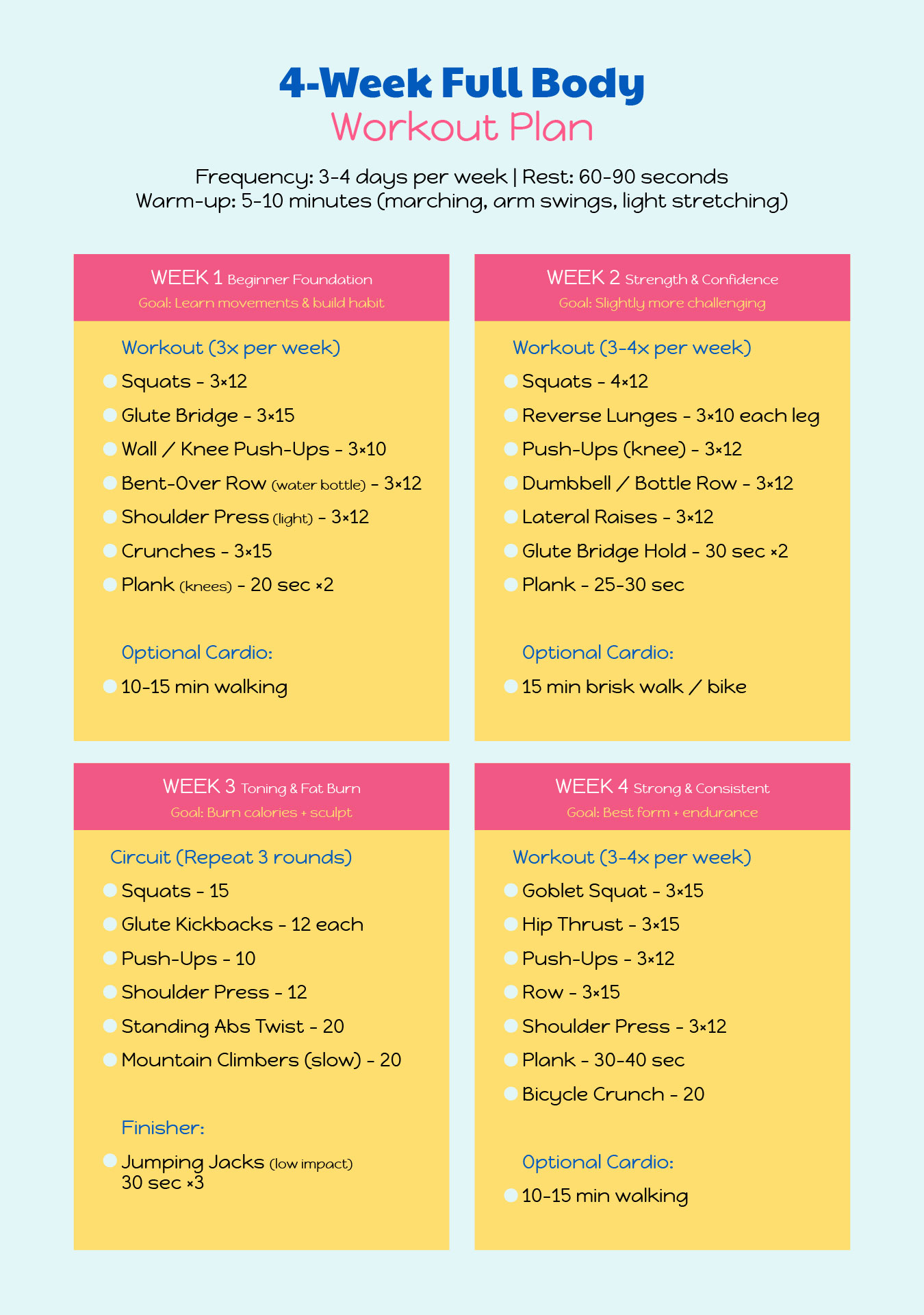 4 Week Workout Plan For Women Full Body