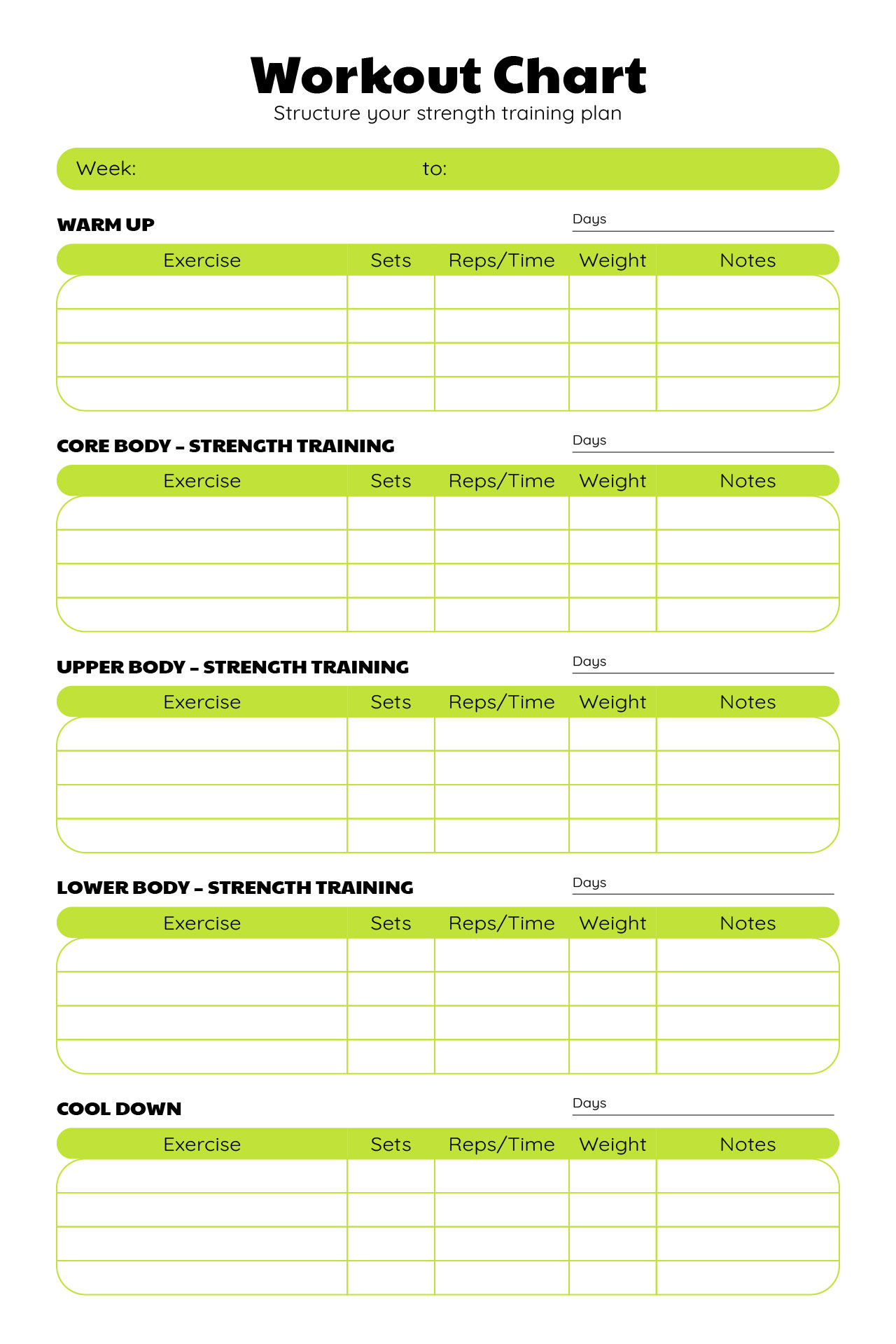 Strength Weight Training Day Printable Chart
