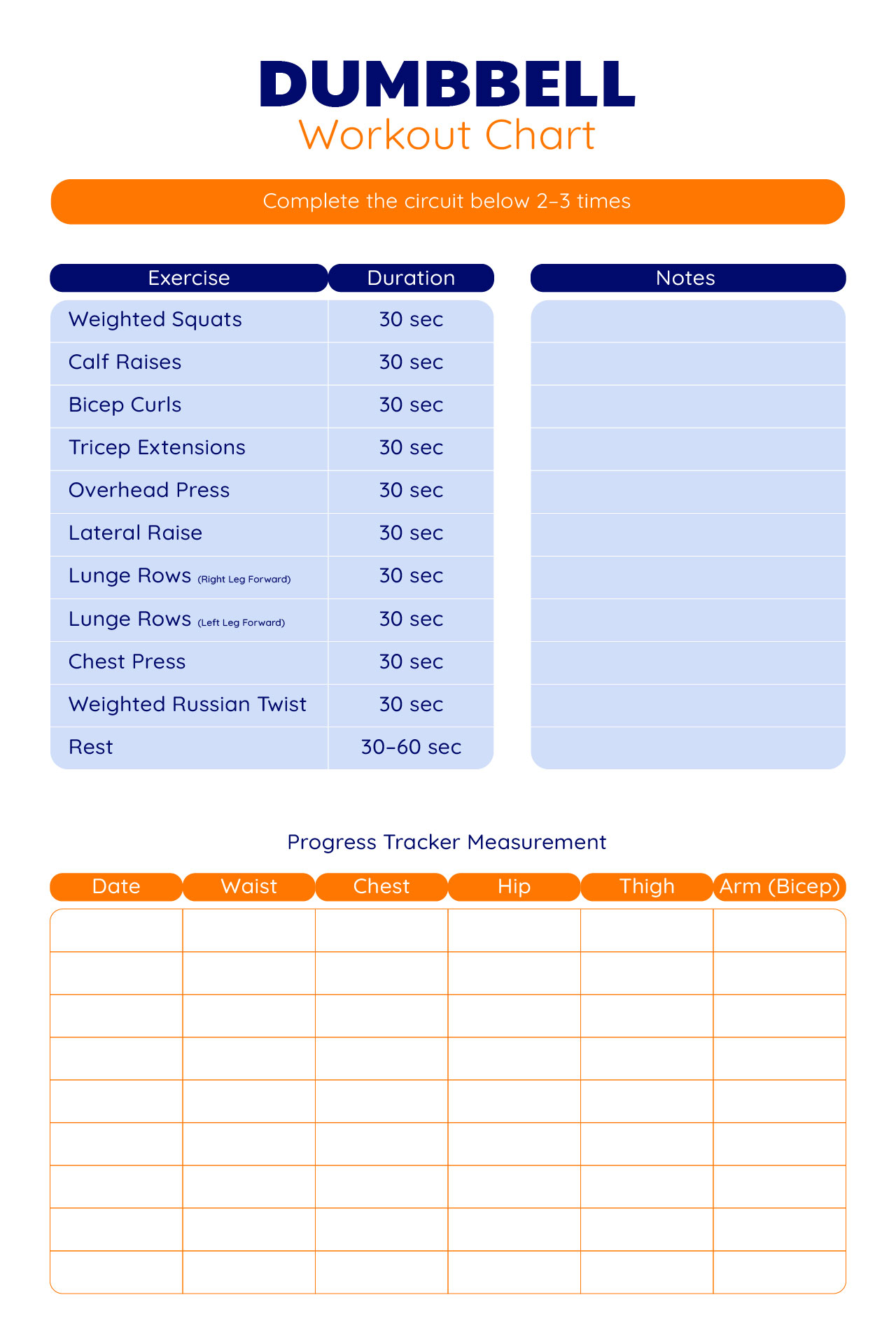 Dumbbell Workout Chart Template