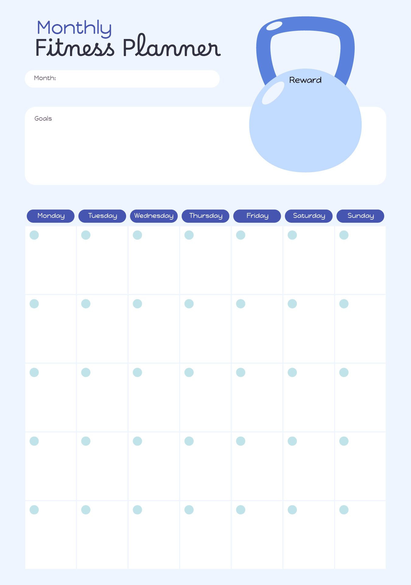 Fitness Calendar Plan Monthly Template