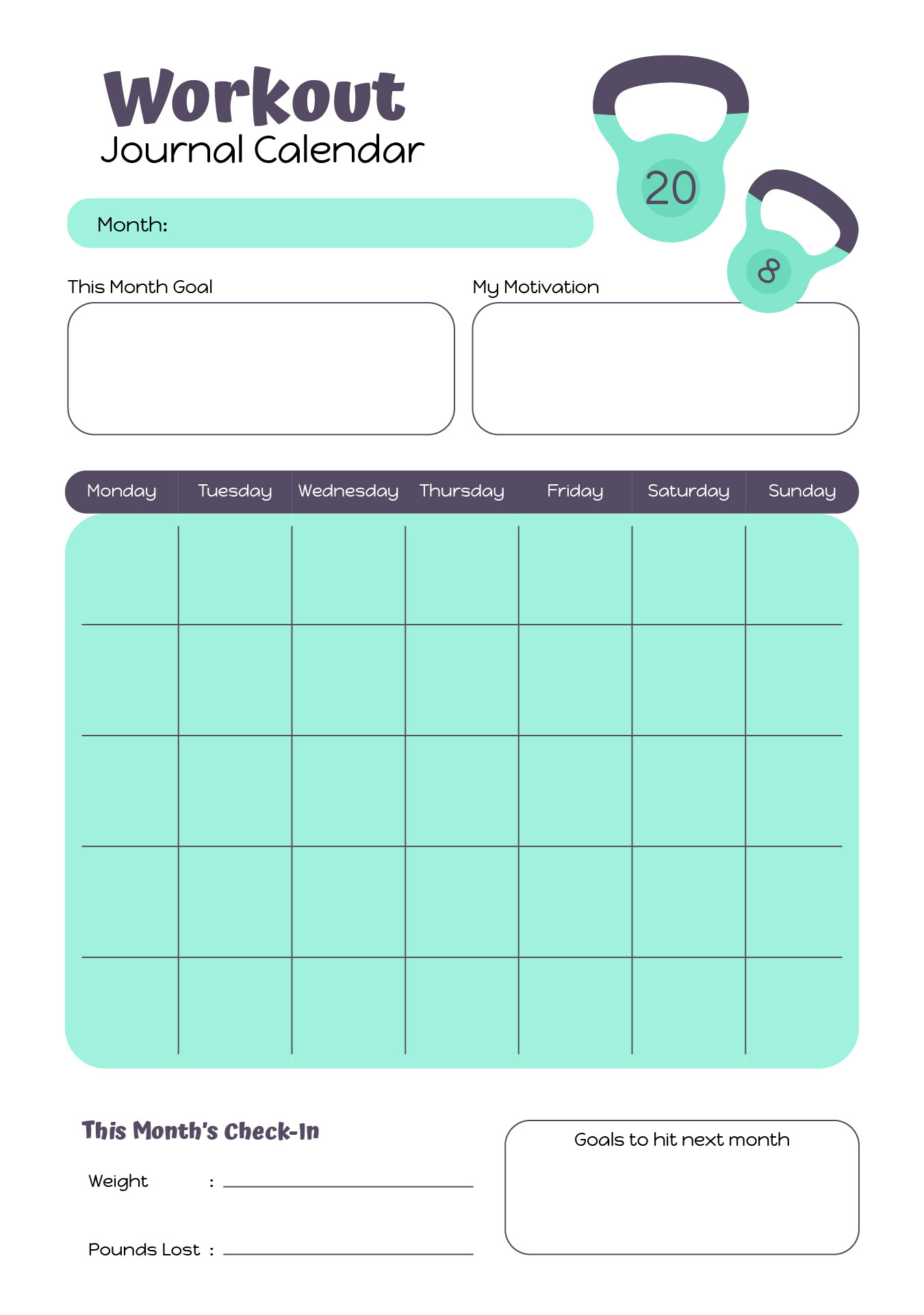 Cute Workout Journal Calendar Template