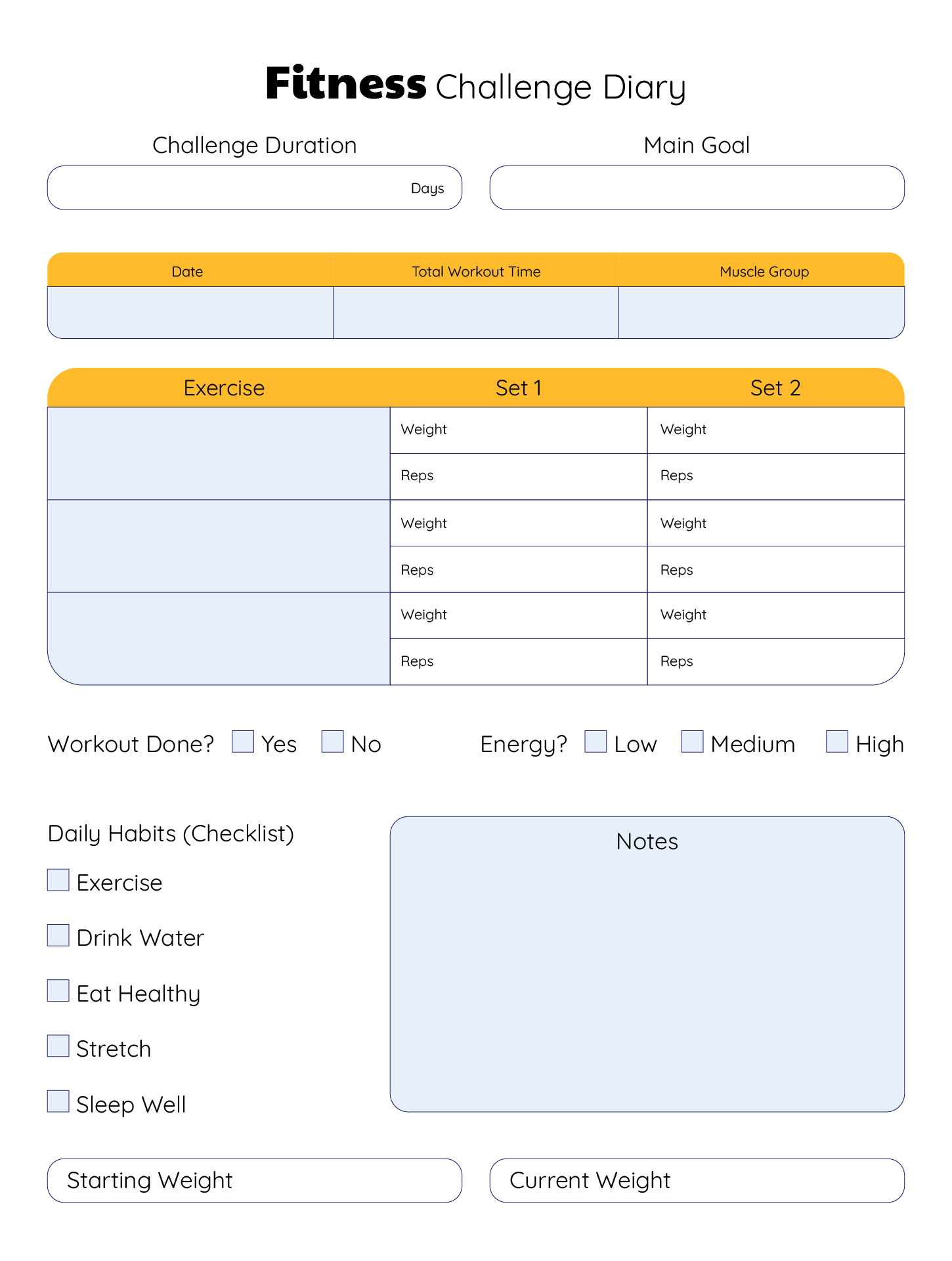 Printable Fitness Challenge Diary Printable Fitness Challenge Diary
