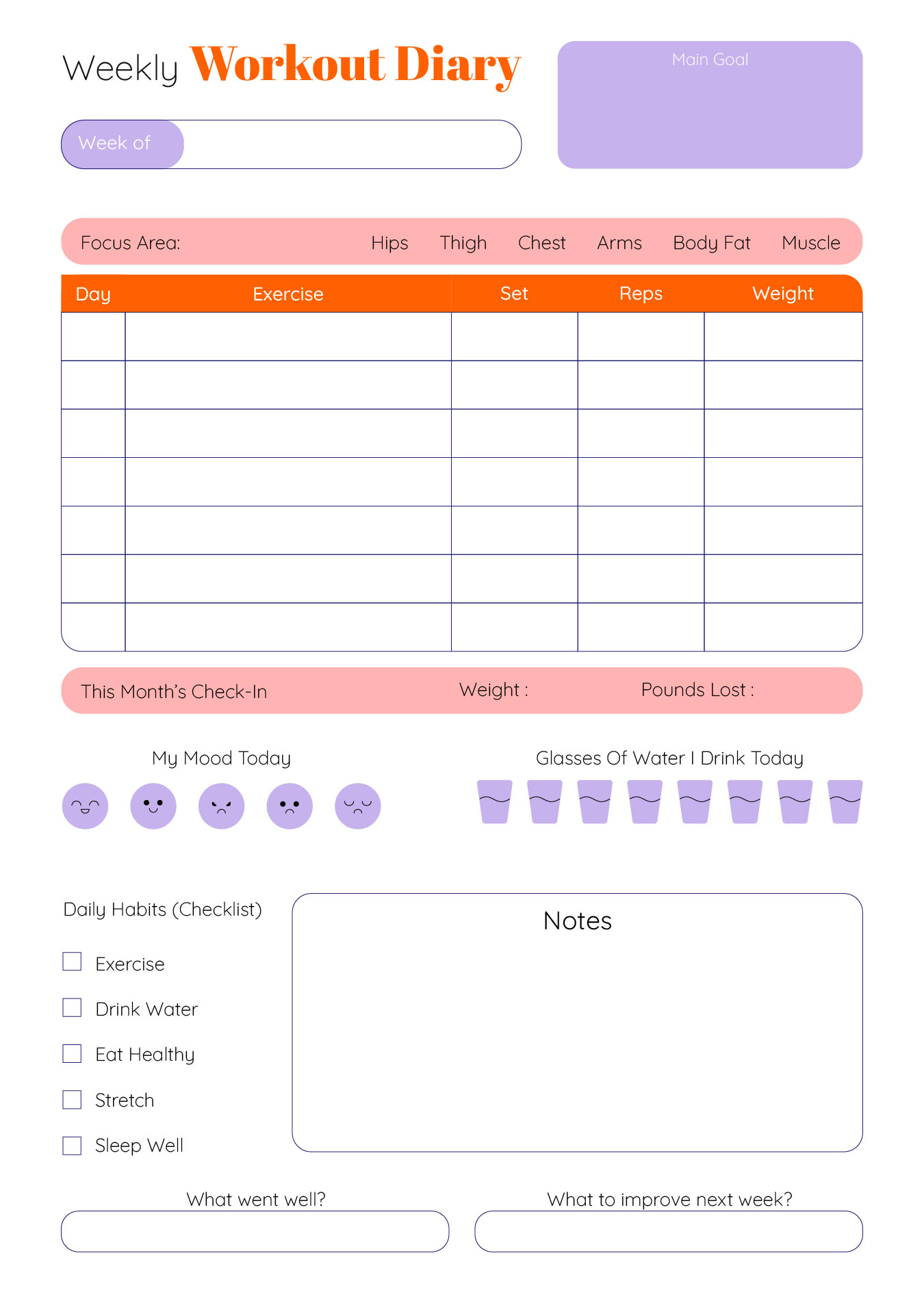 Weekly Workout Diary Simple Template Printable Weekly Workout Diary Simple Template Printable