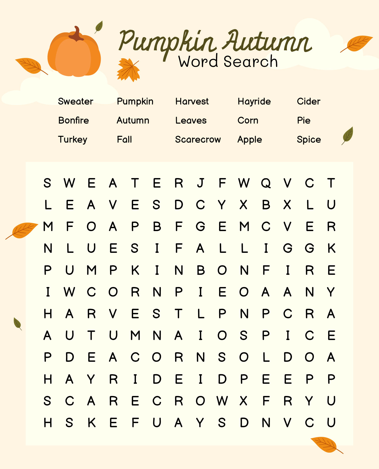 Pumpkin Autumn Word Search
