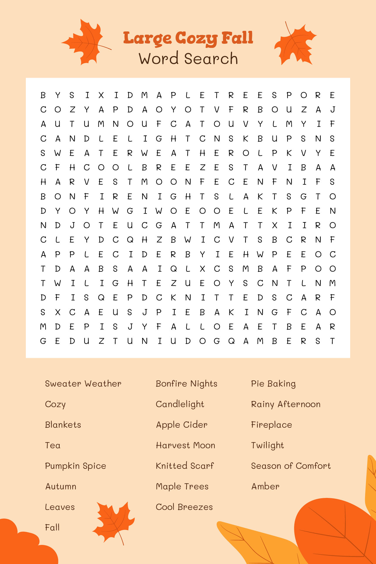 Large Cozy Fall Word Search For Adults