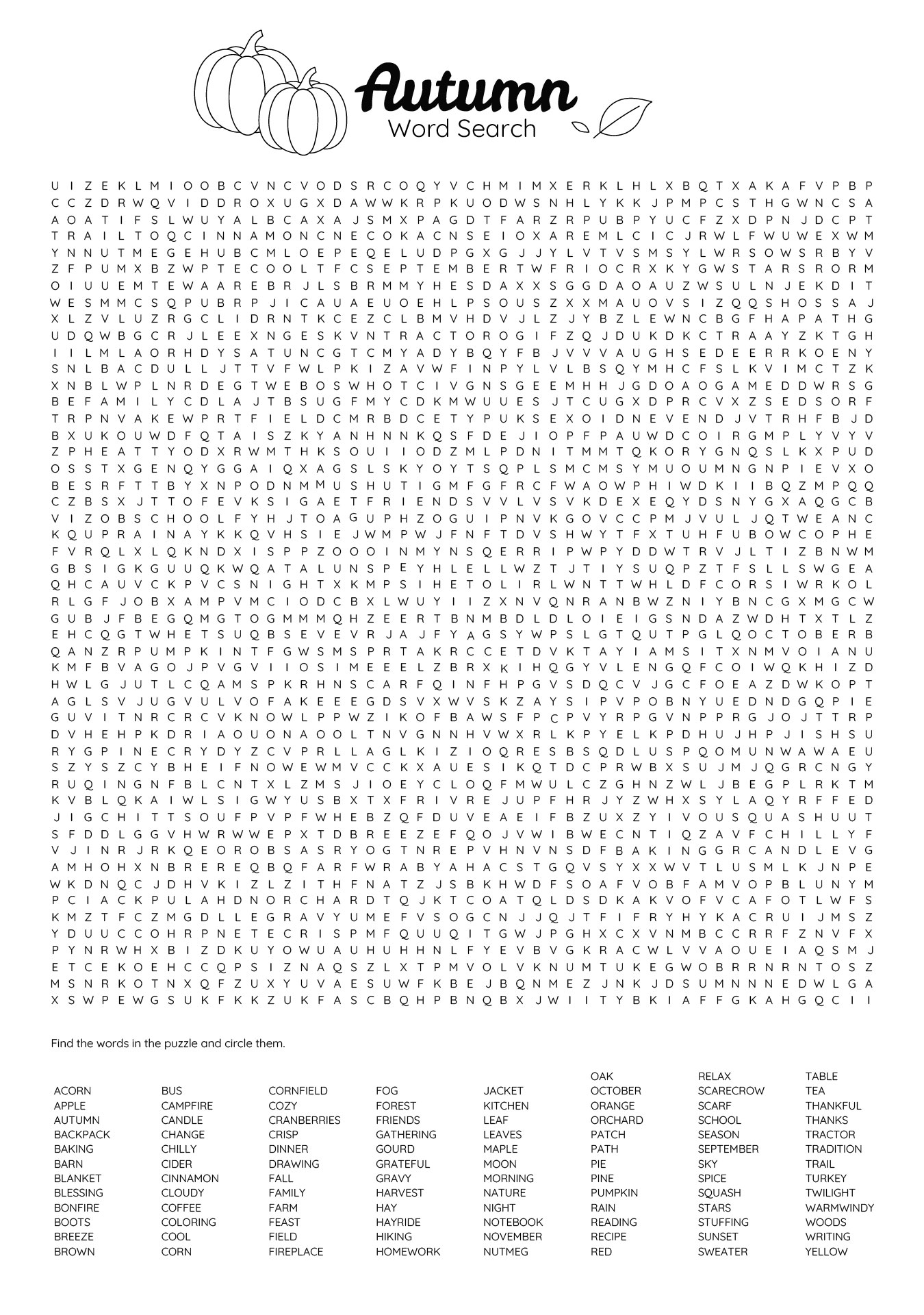 100 Autumn Word Search Puzzle