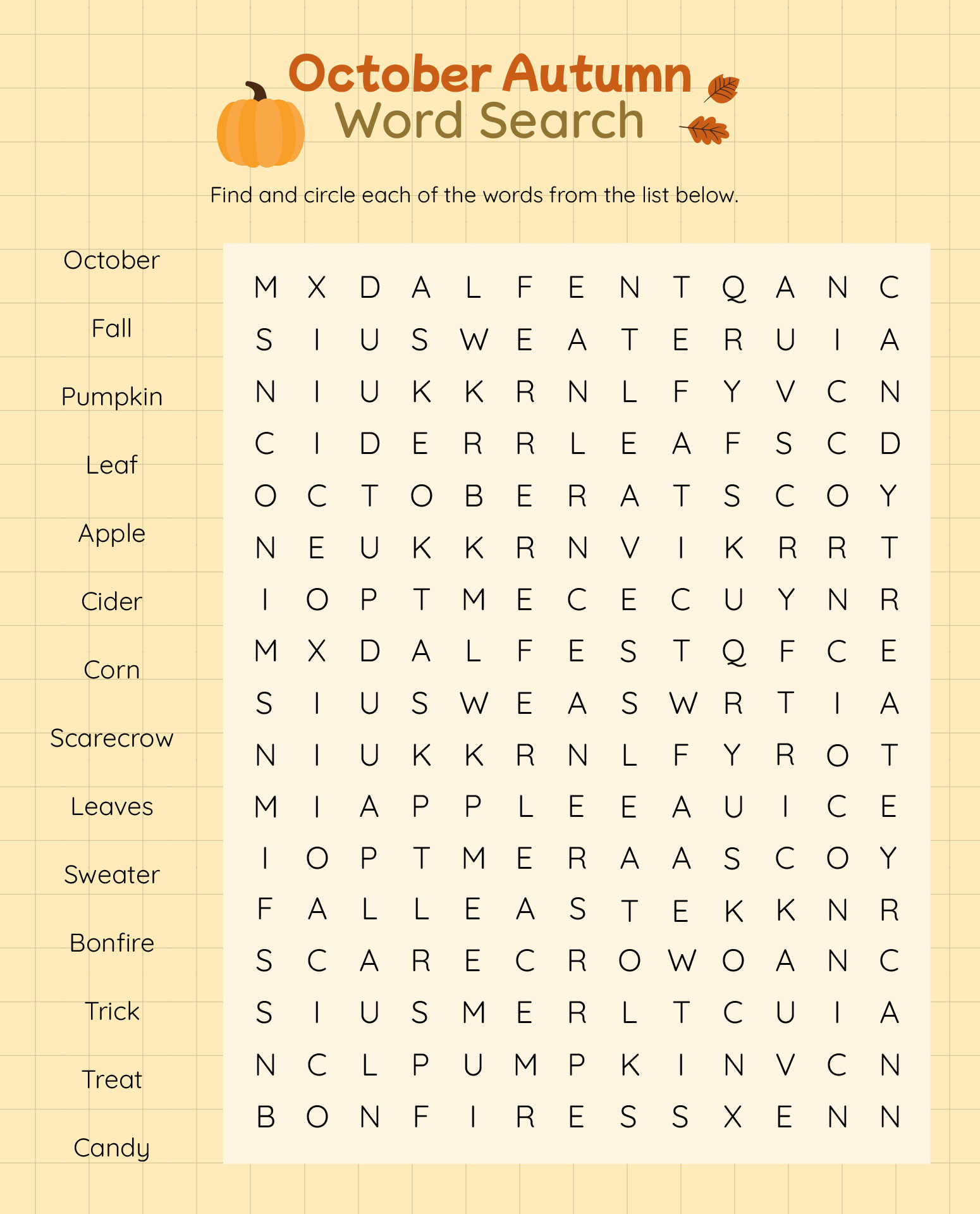 October Autumn Word Search For Kids