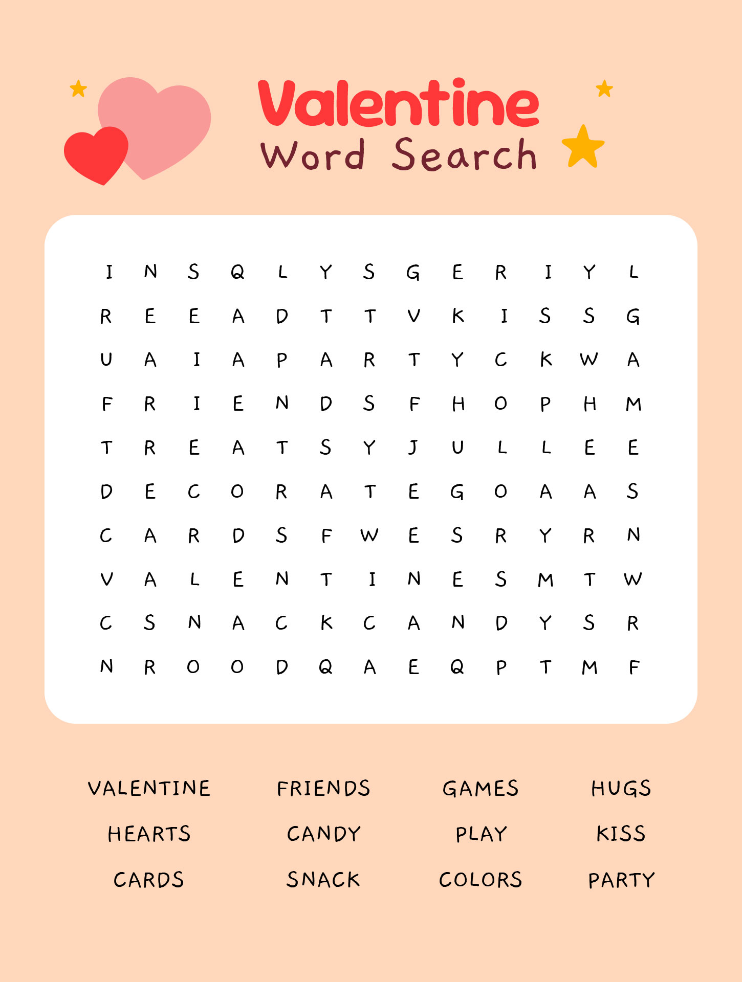 Valentine Classroom Party Word Search