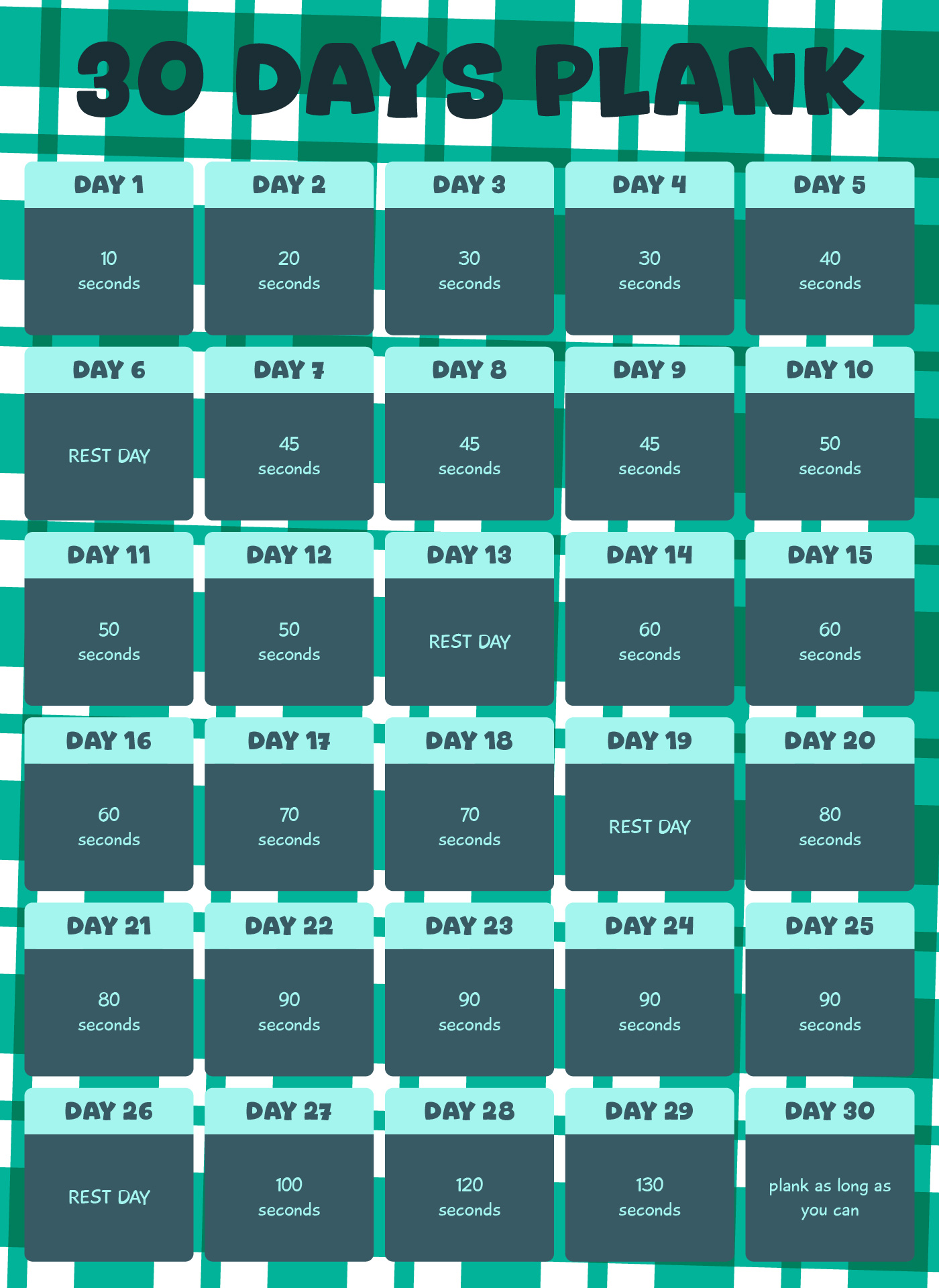 30 Day Plank Challenge Calendar Printable