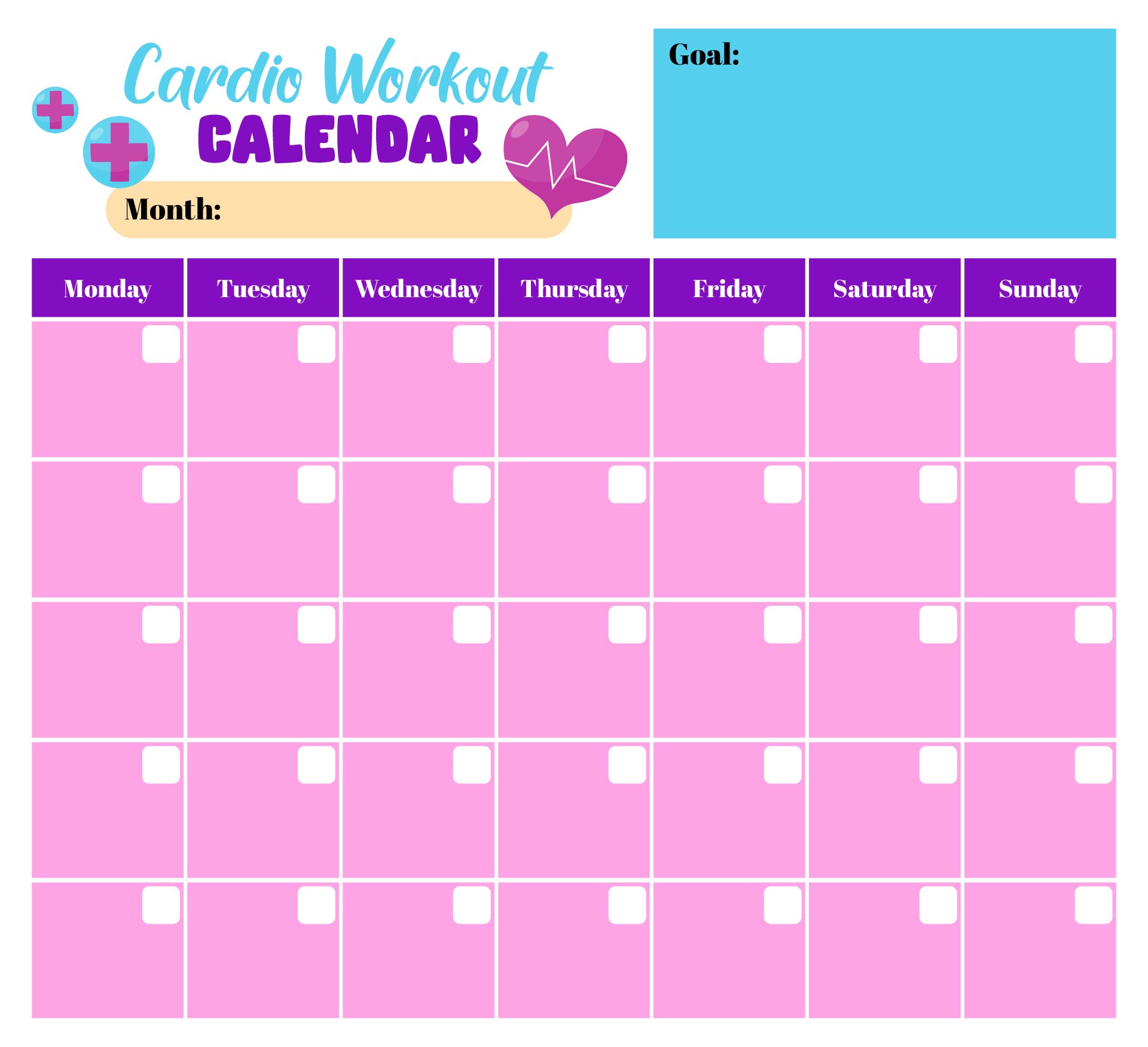 Cardio Workout Calendar Monthly