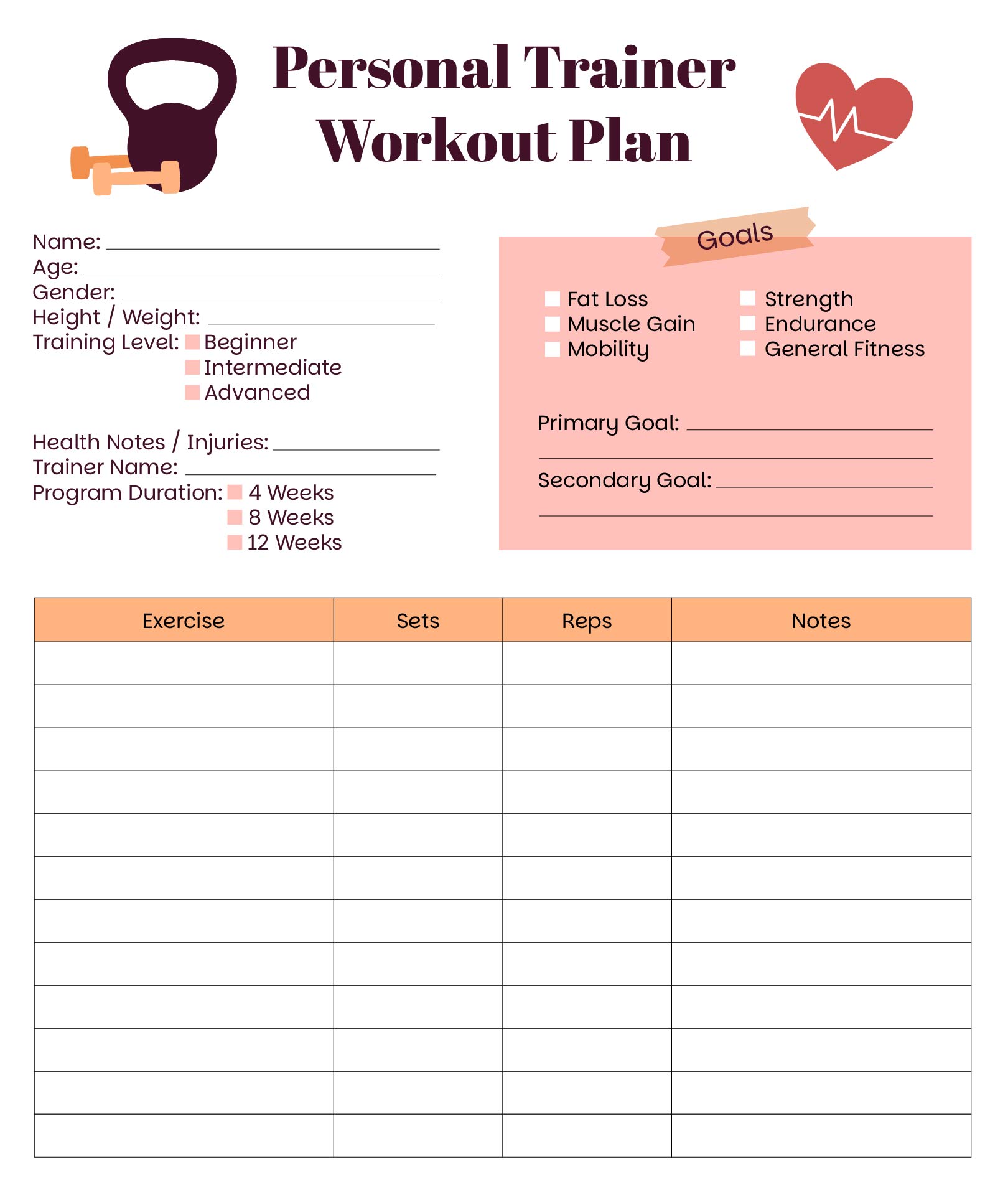 Personal Trainer Workout Plan Template