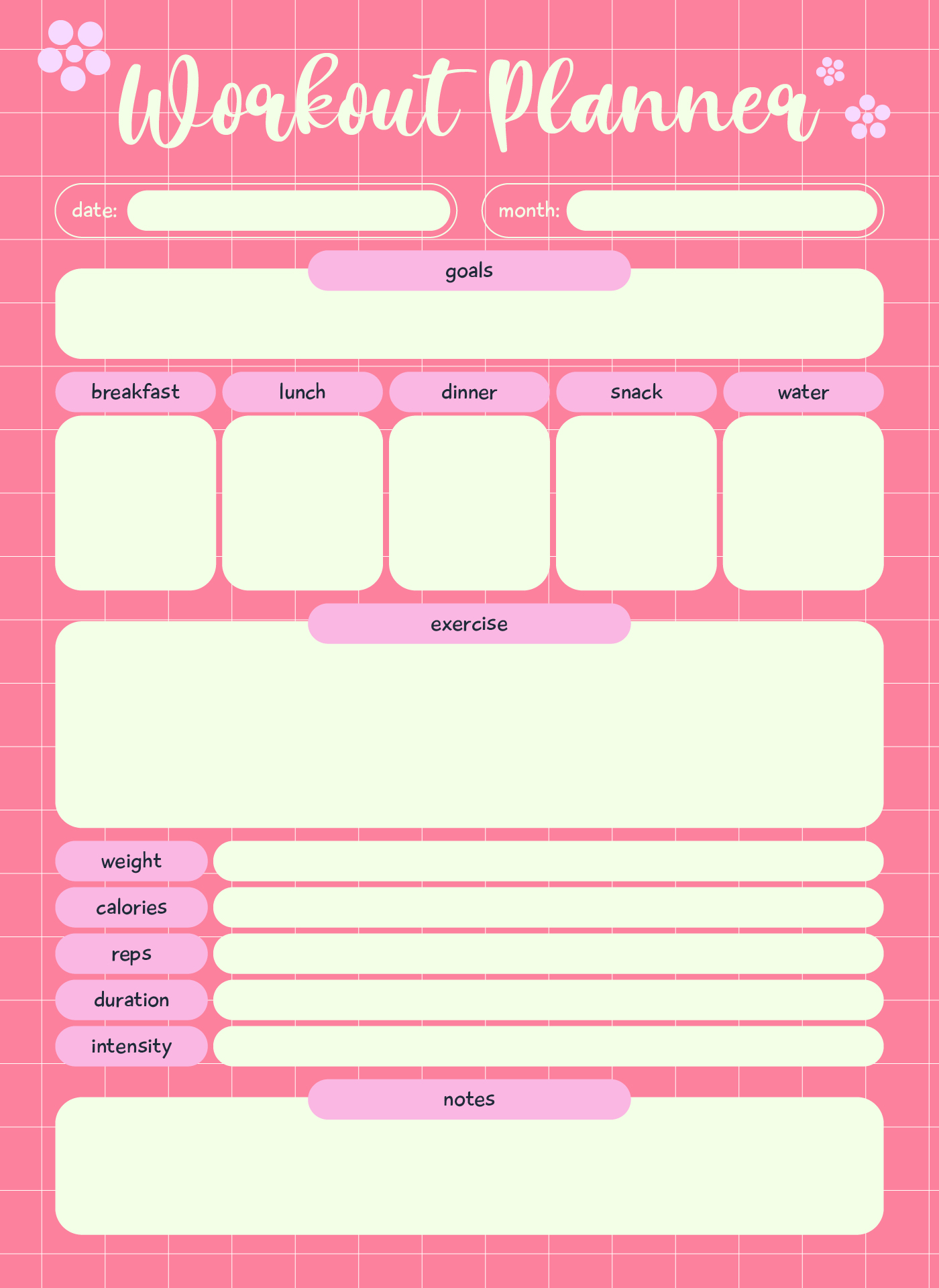 Cute Workout Planner Printable Template