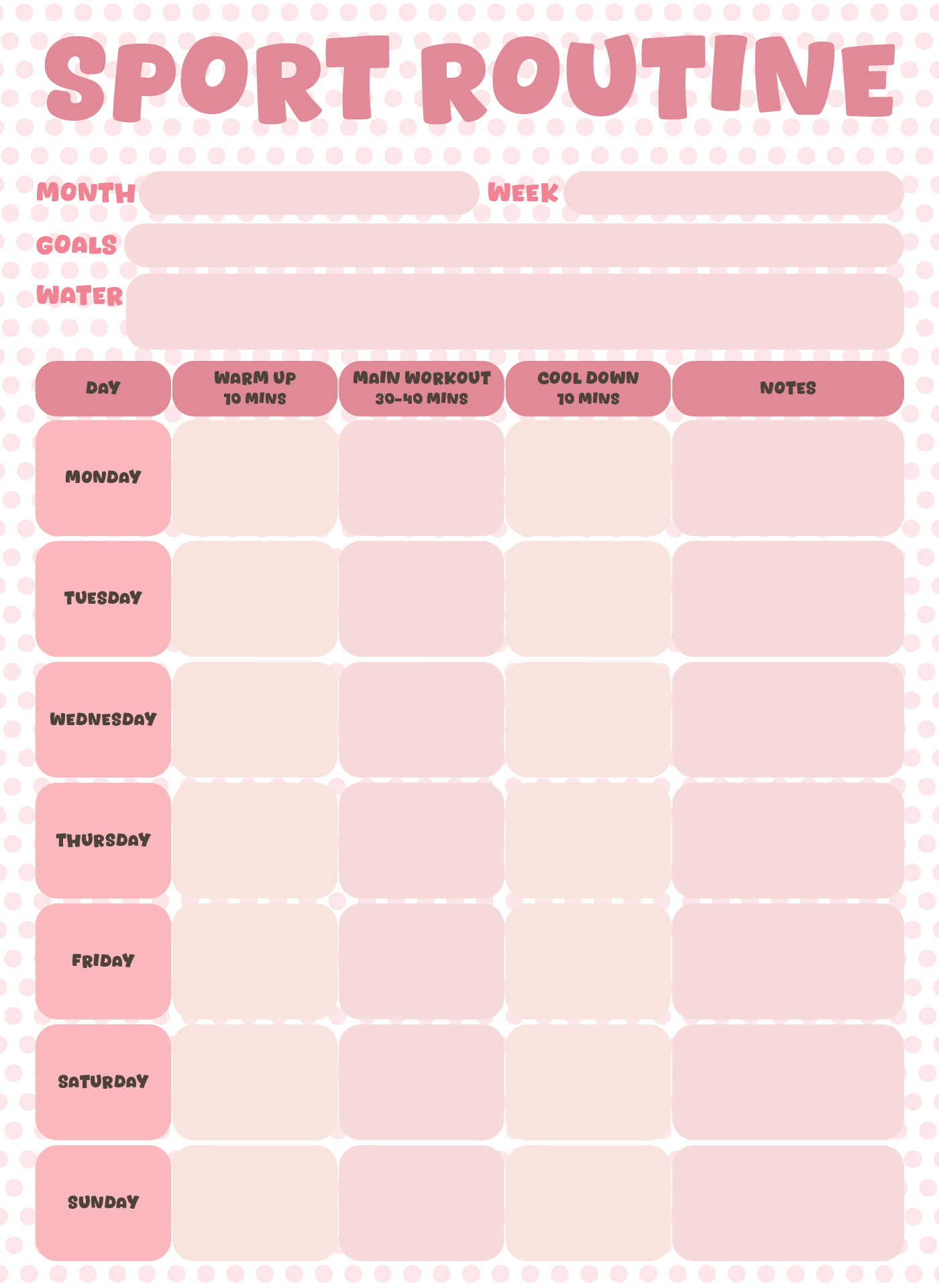 Week Daily Sport Routine Template