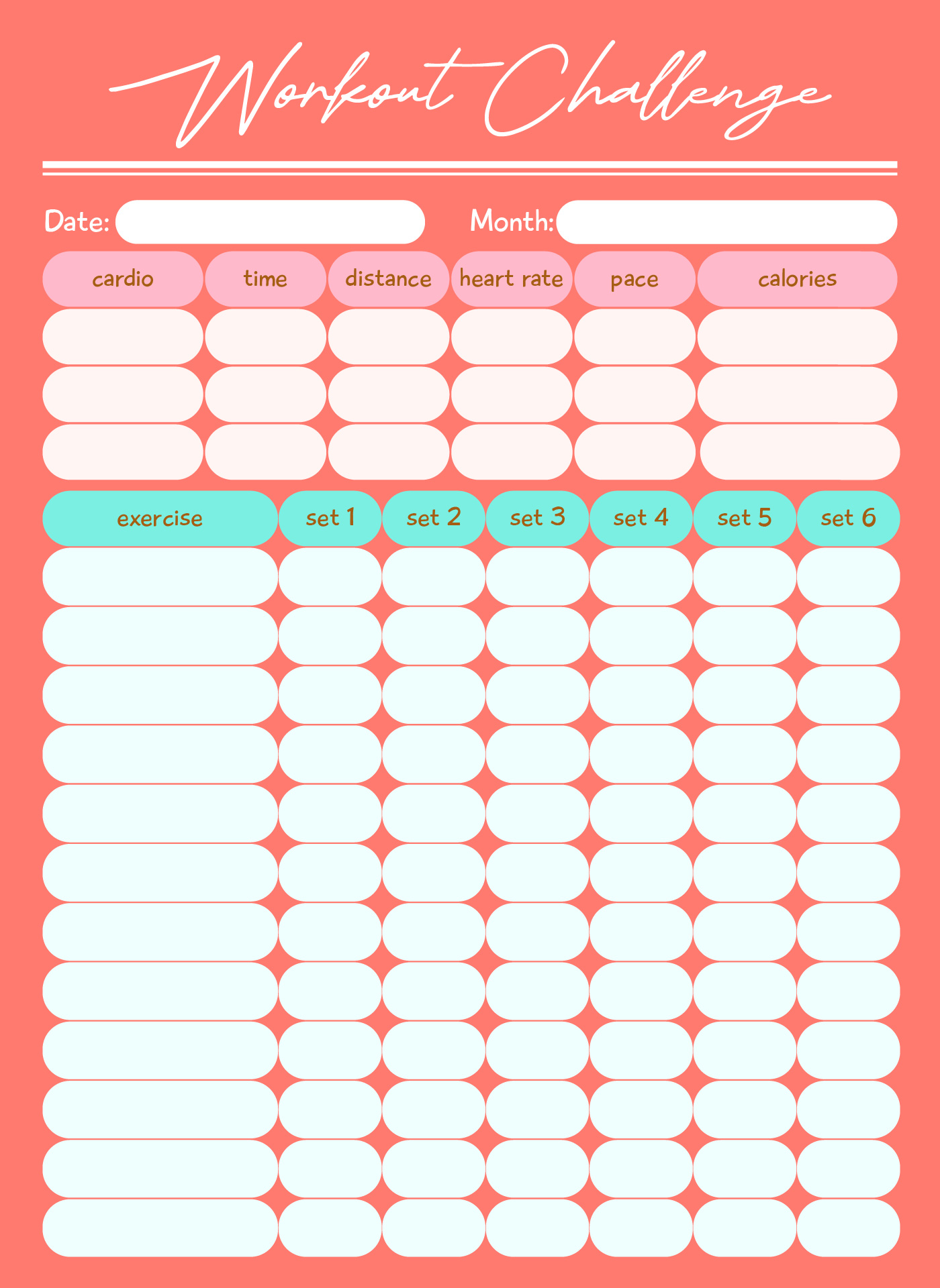 Planning Workout Challenge Log Sheet Exercise
