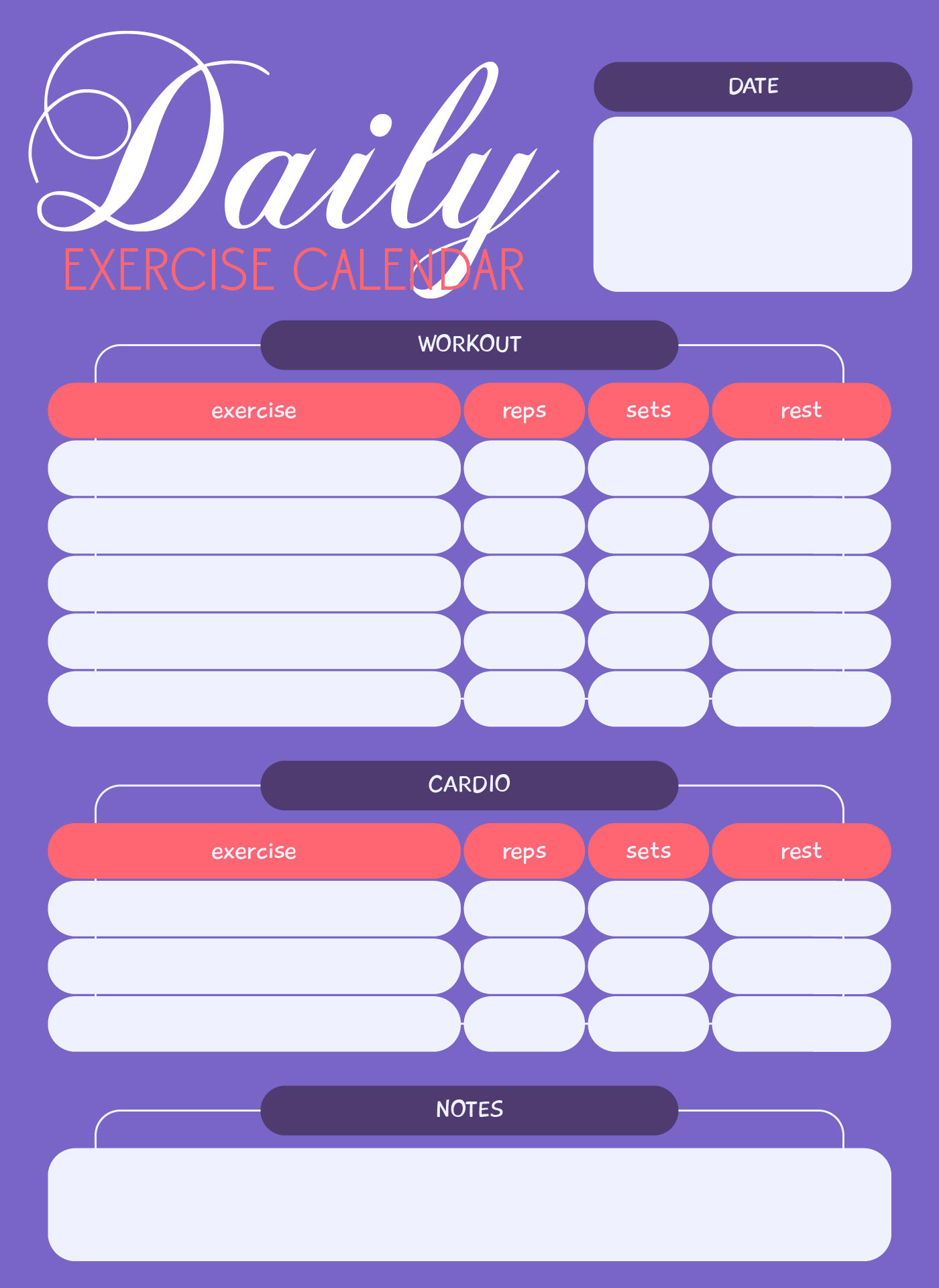 Daily Exercise Calendar For Self Improvement