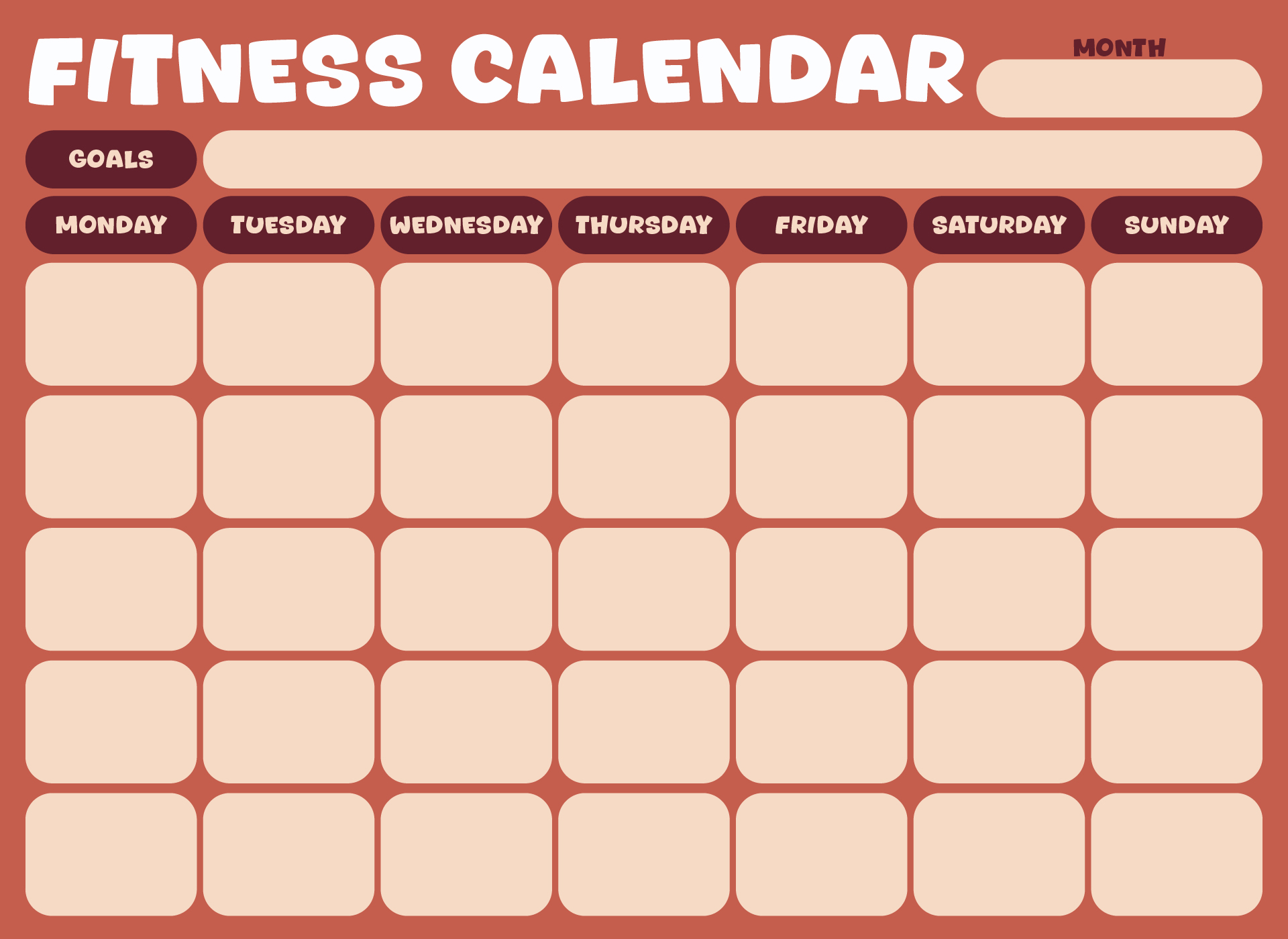 Fitness Calendar To Track Monthly Exercise