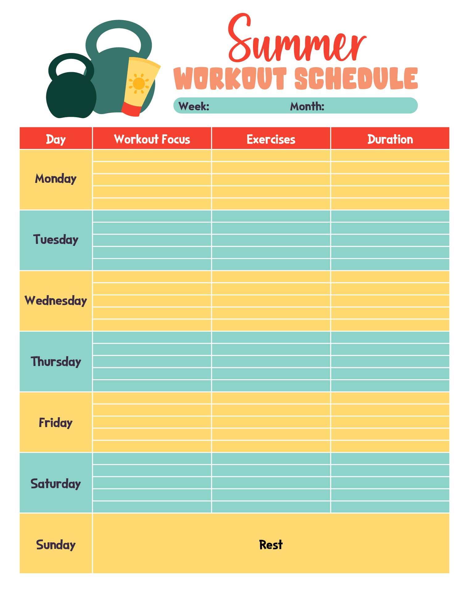 Summer Workout Schedule Template