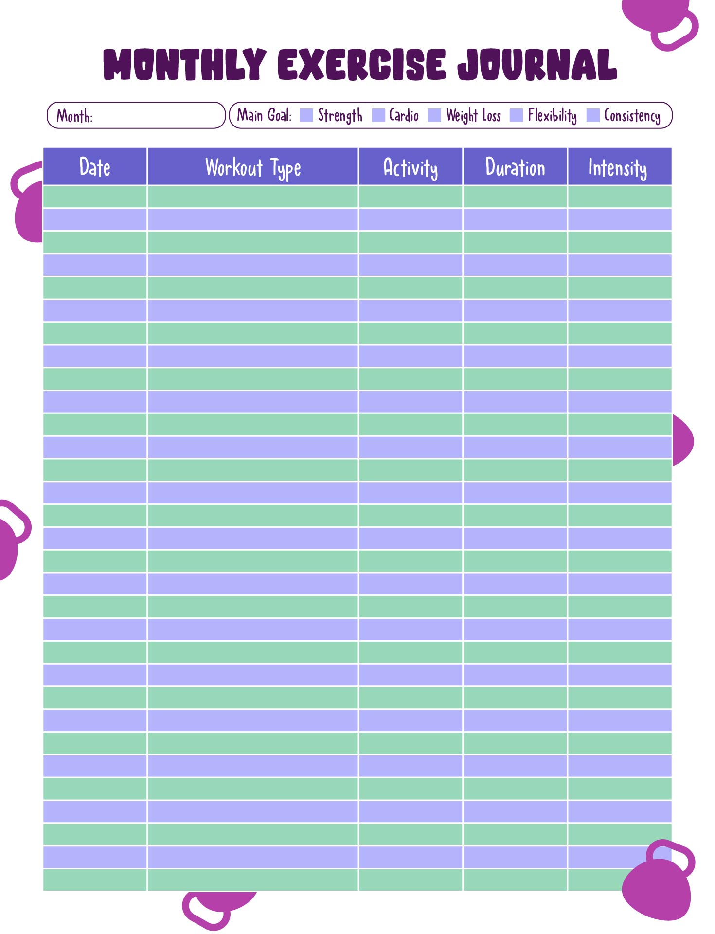 Monthly Exercise Journal Template