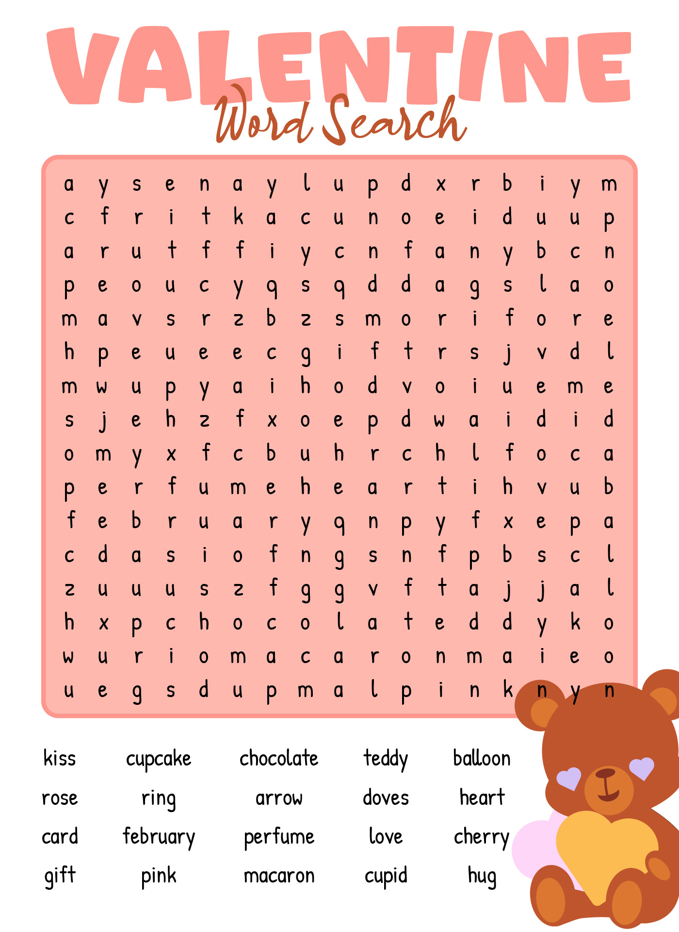 Teddy Bear Valentine Word Search