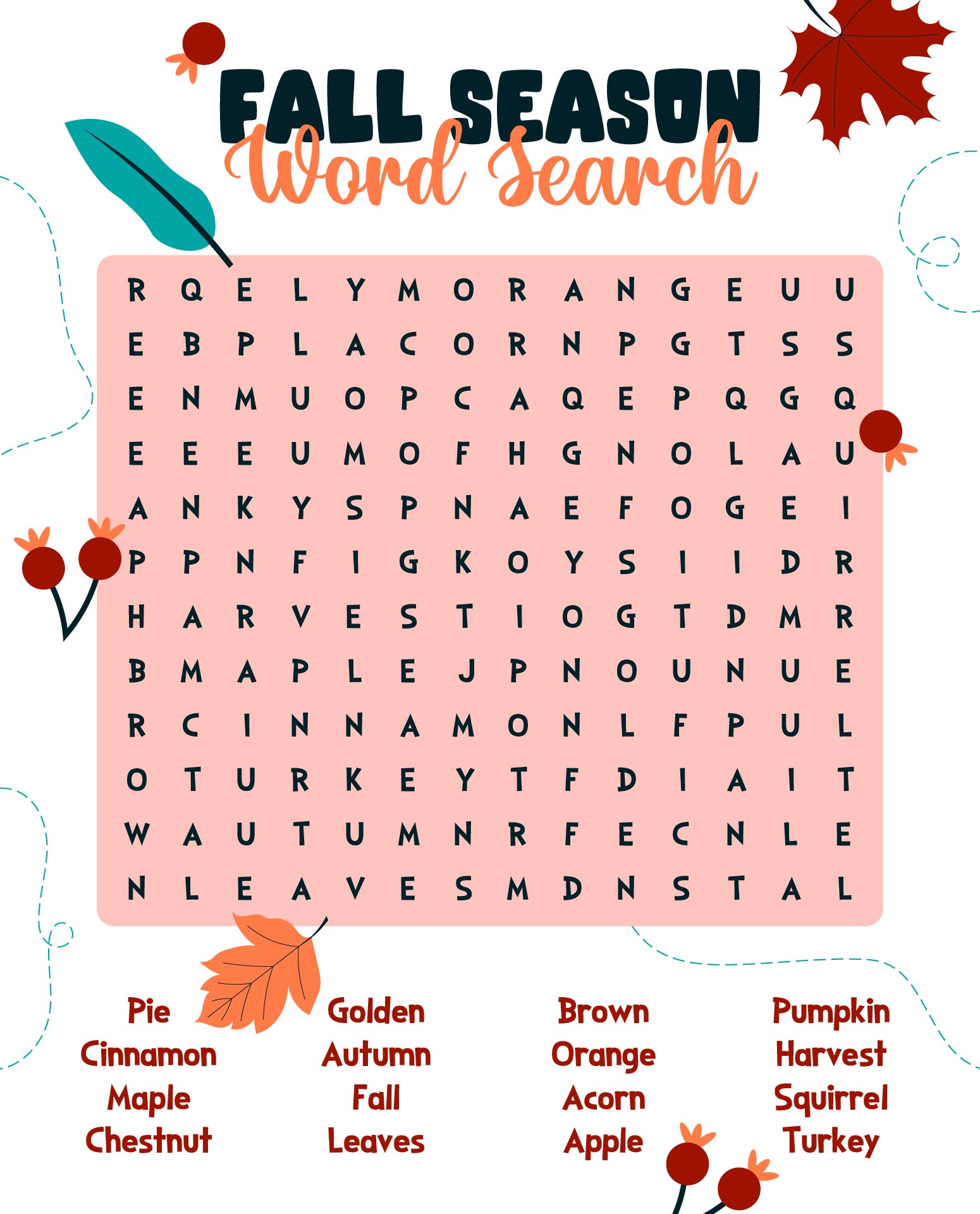 Fall Season Word Search Printable Games