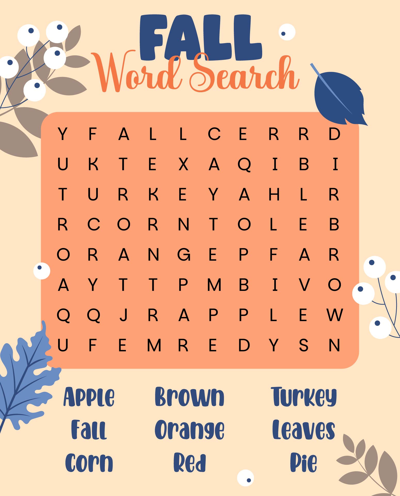 Fall Themed Word Search Puzzles For Kids