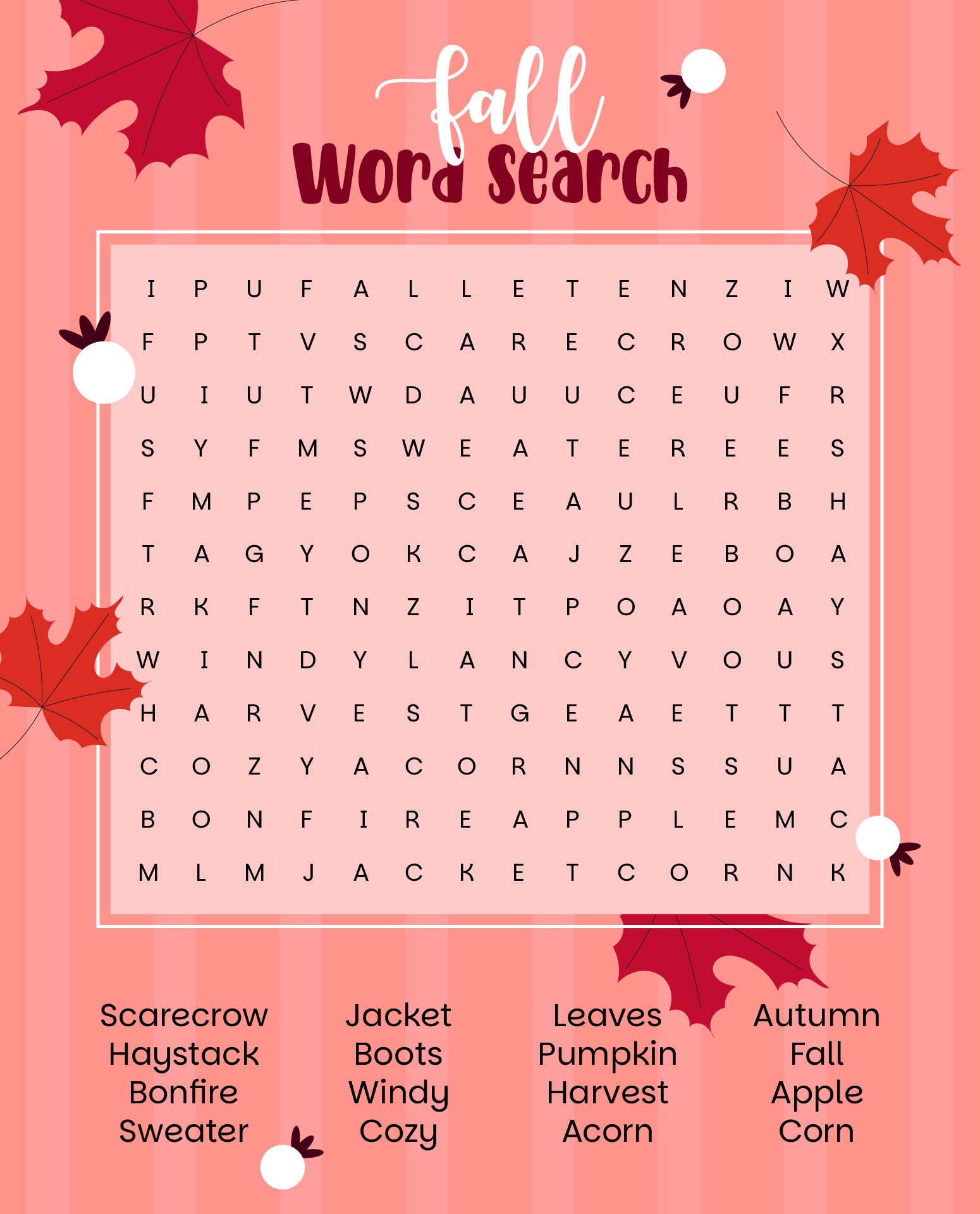 Fall Classroom Word Search Puzzles
