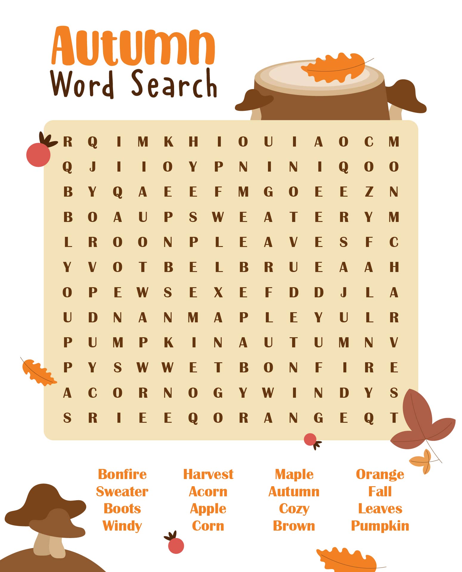 Autumn Word Search For Elementary Students