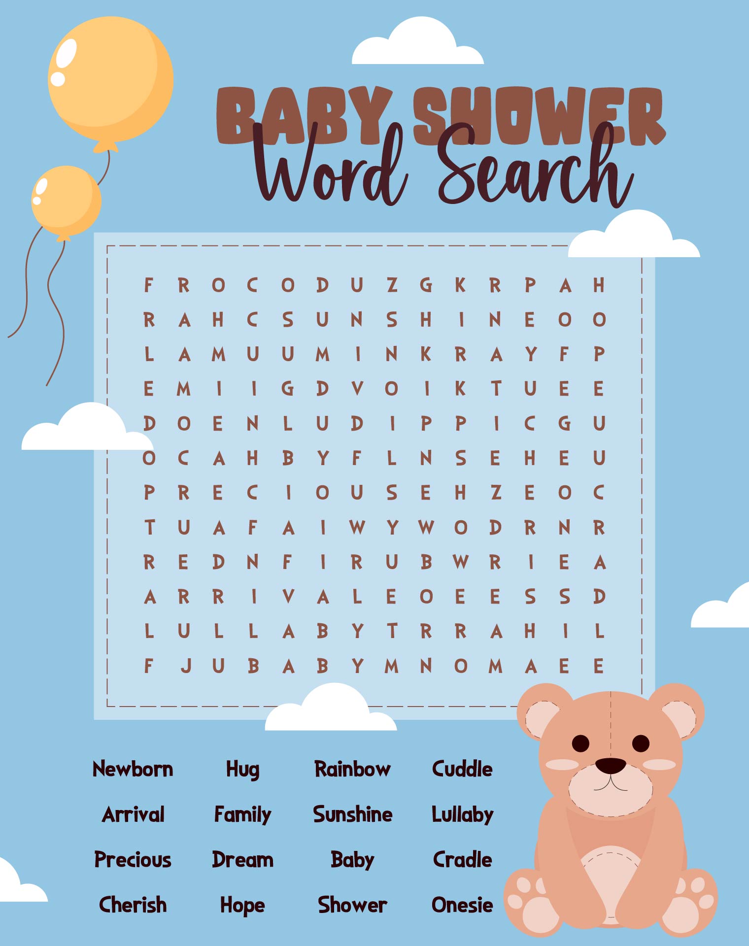 Boys Teddy Baby Shower Word Search Boys Teddy Baby Shower Word Search