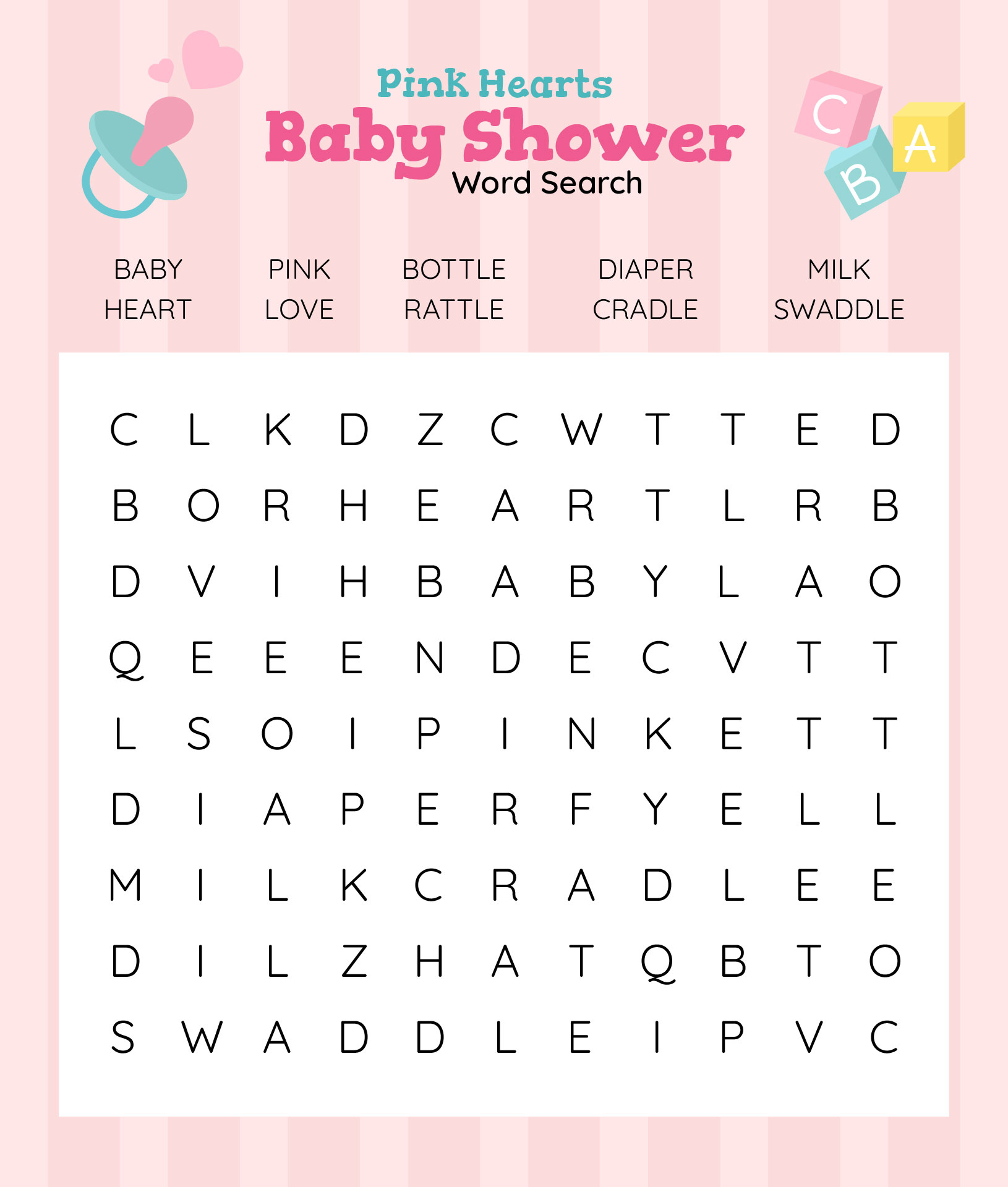 Printable Pink Hearts Baby Shower Word Search