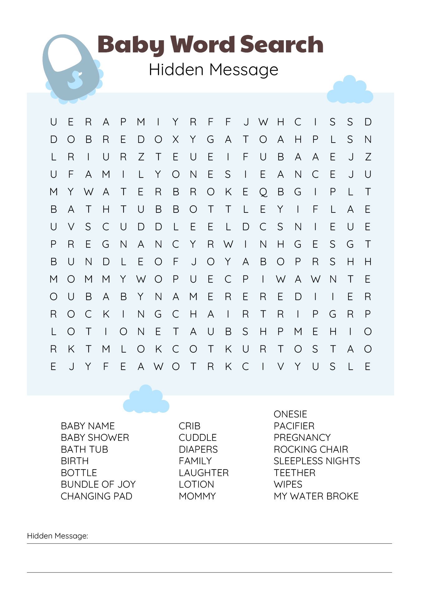 Baby Word Search Game With Hidden Message Printable