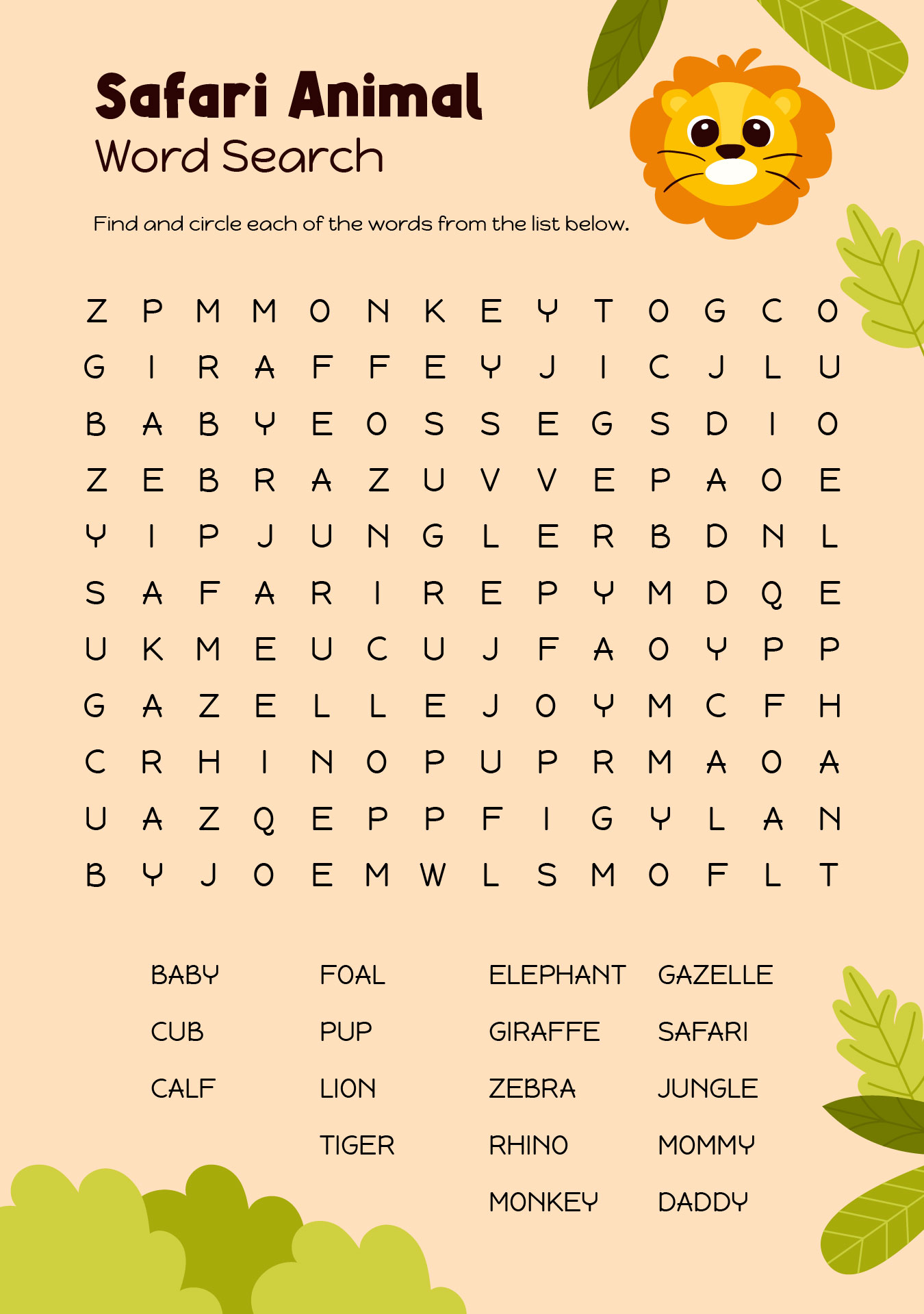 Safari Animal Baby Word Search Printable